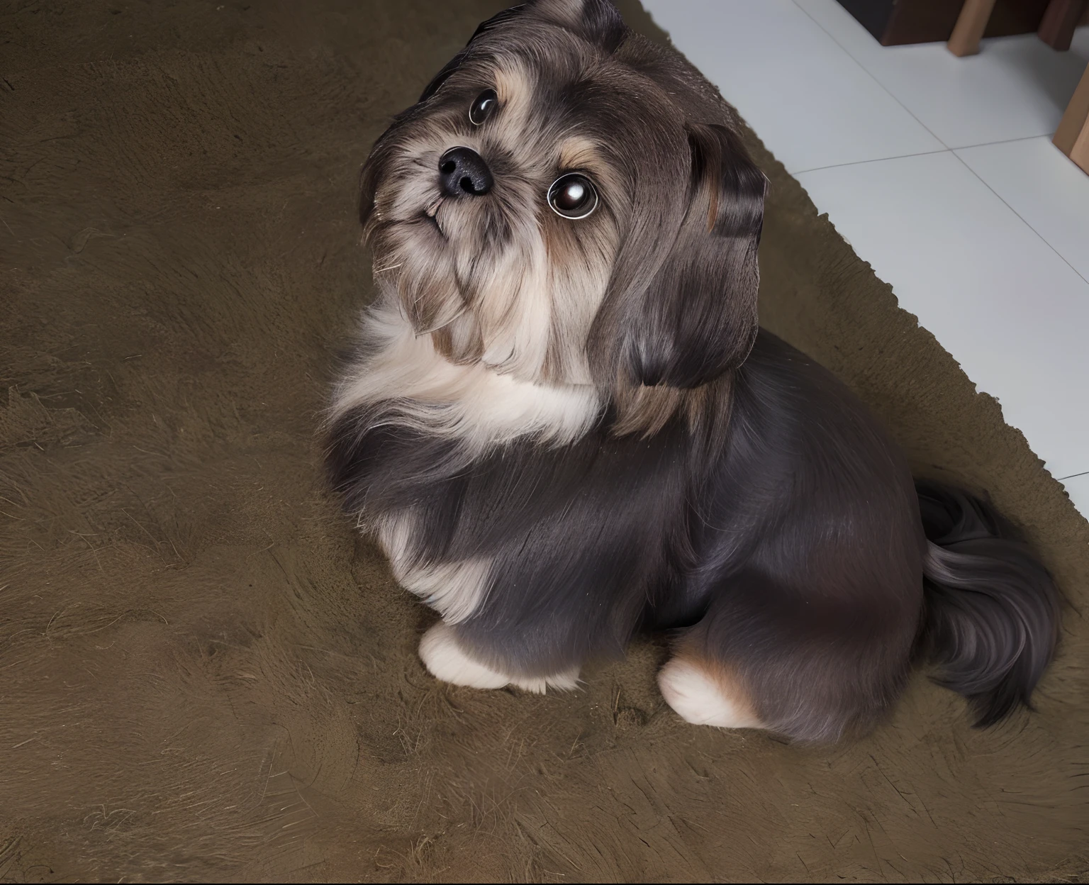 There is a dog that is sitting on the floor looking up, queixo pequeno, Shih Tzu, an afghan male type, Shui Mo Hua, olhar orgulhoso, olhando de lado!, com nariz pequeno, 2 anos, muito bobo olhando, um bonito, Looking towards the camera, olhando de lado, ela tem cerca de 1 6 anos de idade, captured with sony a3 camera