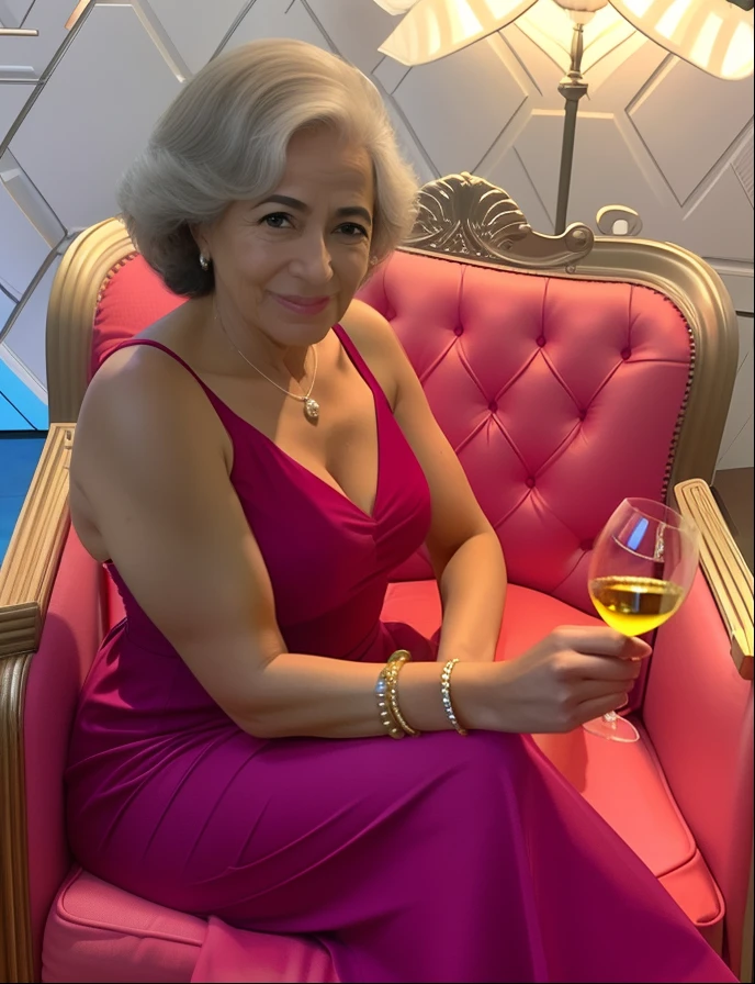 Woman in a pink dress sitting on a pink chair holding a glass of wine, taken in the early 2020s, Directed by: Dorothy King, ela tem cerca de 6 0 anos, ela tem cerca de 7 0 anos, foto de perfil, imagem de perfil, 3 0 anos mulher, Directed by: Gladys Dawson, ela tem cerca de 50 anos, foto de uma mulher negra