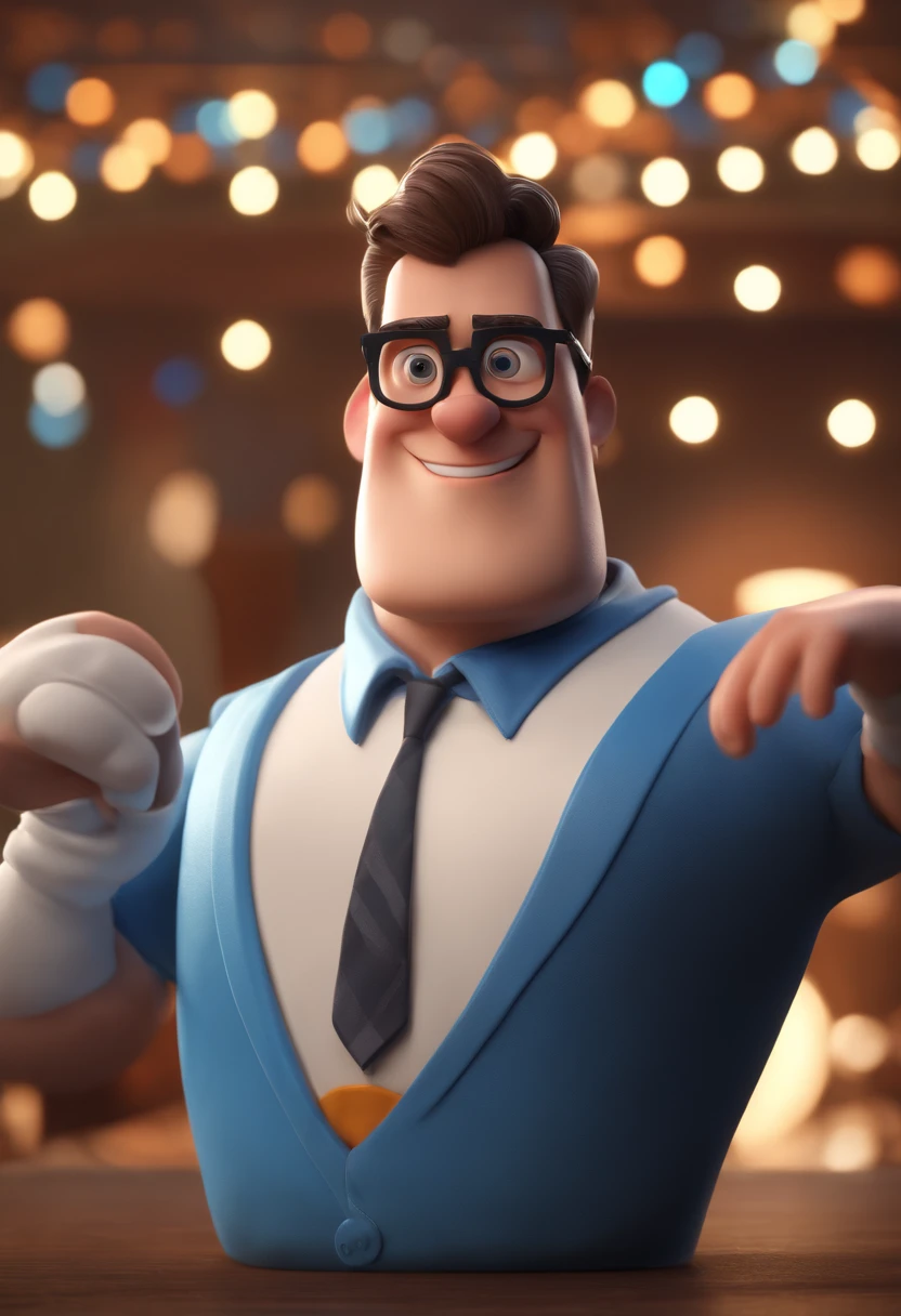 Cartoon character of a man with black glasses and a blue shirt, animation character, Caractere estilizado, animation style rendering, 3D estilizado, Arnold Maya render, 3 d render stylized, toon render keyshot, Personagem 3D, Personagem 3D, 3d rendering stylized, 3 d character render, personagem de desenho animado, Personagem de close up, Pose de personagem, (Estilo Pixar) (master part:1.2) (Bokeh) (best quality) (pele detalhada) (textura detalhada) (8k) (argila) (Cinematic lighting) (foco nítido