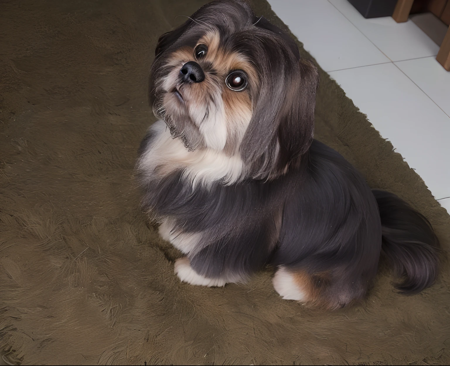 There is a dog that is sitting on the floor looking up, queixo pequeno, Shih Tzu, an afghan male type, Shui Mo Hua, olhar orgulhoso, olhando de lado!, com nariz pequeno, 2 anos, muito bobo olhando, um bonito, Looking towards the camera, olhando de lado, ela tem cerca de 1 6 anos de idade, captured with sony a3 camera