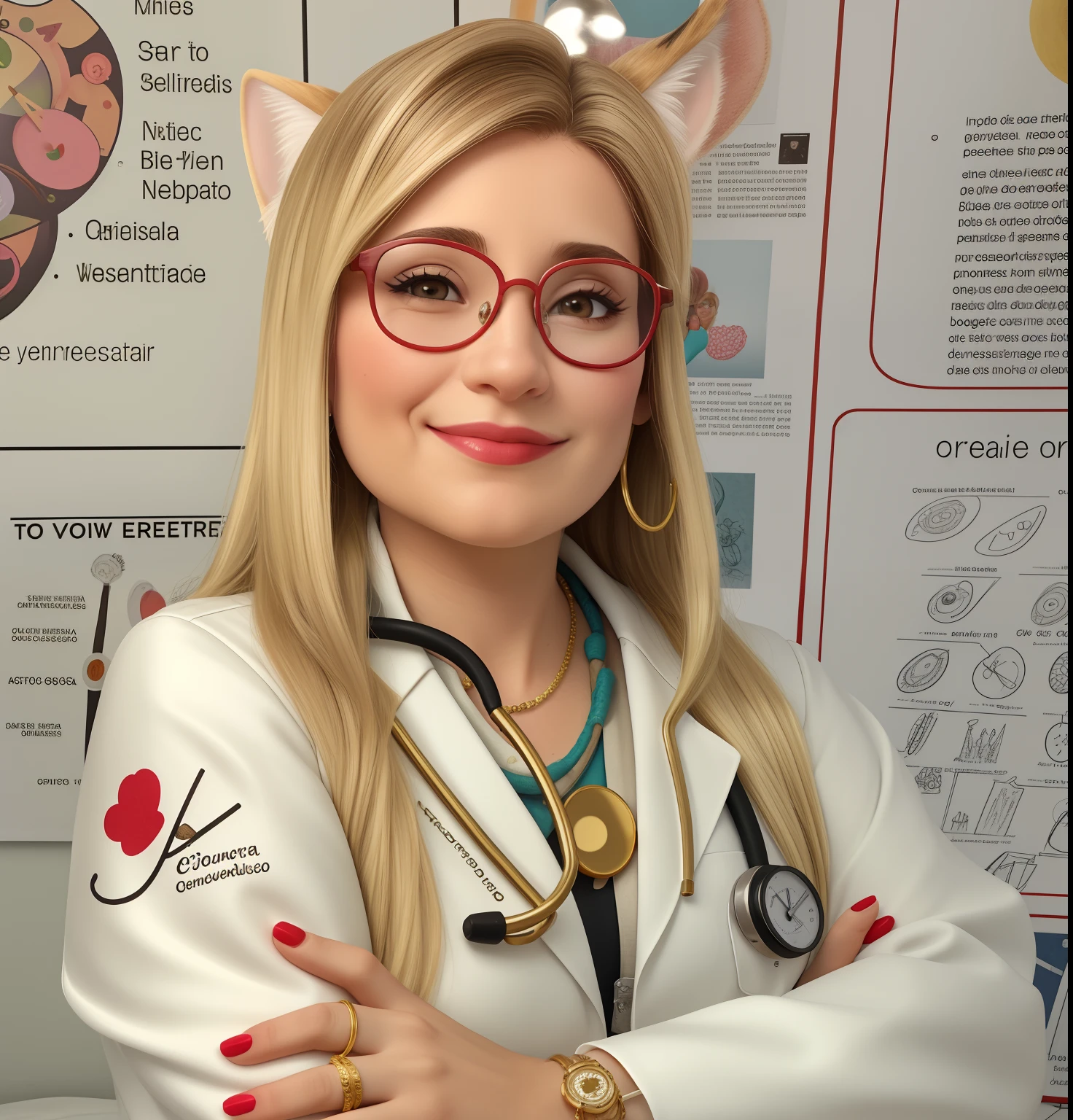 Uma Mulher de 49 anos, 1,52 de altura, , cabelos loiros comprido, Nice, olhos castanhos , unhas pintadas de vermelho, Wearing gold watch on right arm, 5 brincos de argolinhas pequenas na orelha direta e 4 brincos  de argola pequena na orelha esquerda , todos brincos dourados com pedrinhas brilhantes, wearing delicate gold rings on the ring finger of both hands, wearing 2 delicate gold bracelets on her left arm. Wearing a lab coat and on the arm written Julian Health Life with drawing of a stethoscope is a heart, wearing a semi cat-eye style metal glasses and on top of red color, In the background drawings of brains wearing glasses.