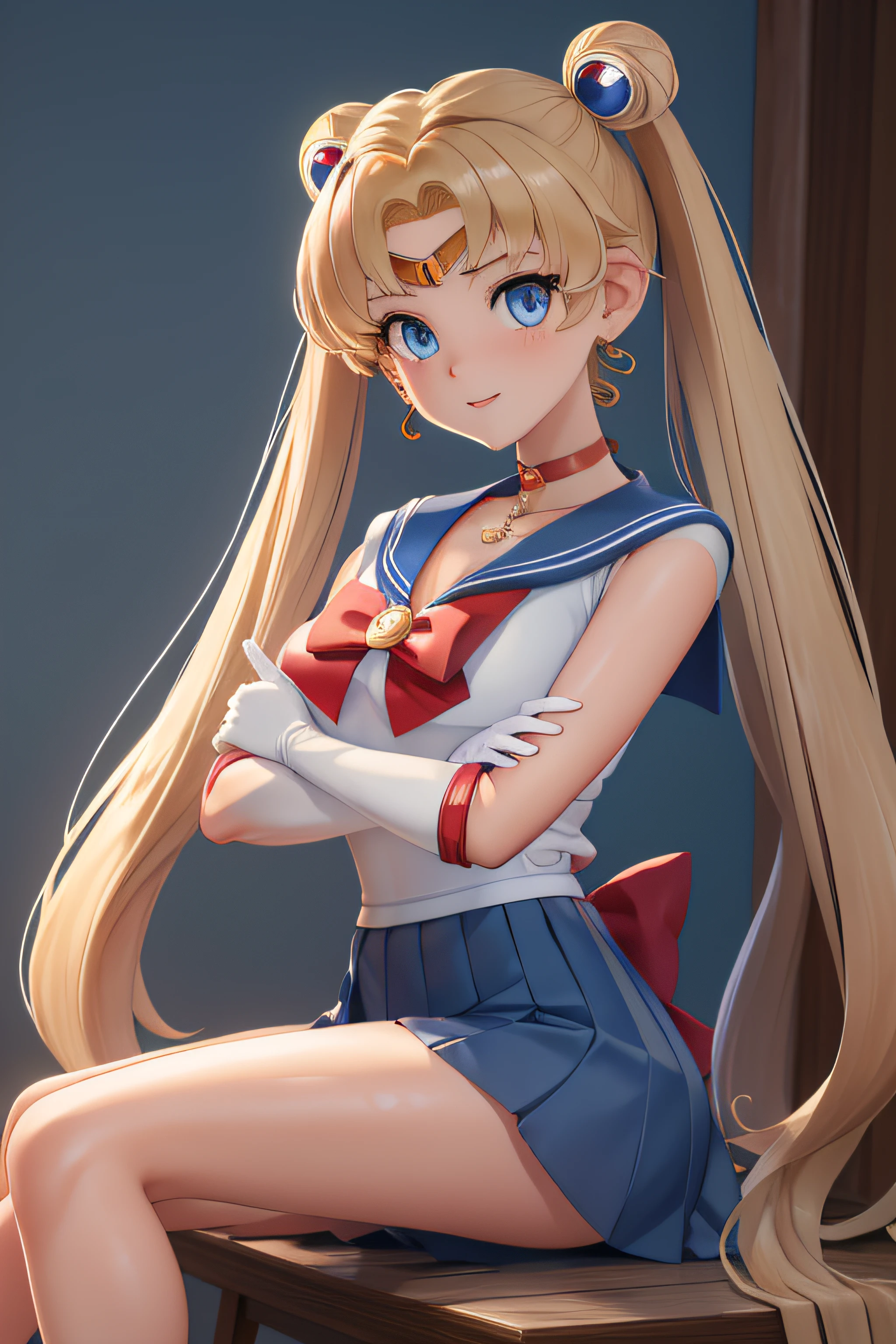 masterpiece, best quality, high resolution, 1 girl, solo, sailor senshi uniform, SMMoon, 1990s \(style\), blonde hair, magical girl, blue eyes, blue skirt, elbow-length gloves, tiara, pleated skirt , blue sailor necklace, miniskirt, choker, blue choker, white gloves, very long hair, jewelry, earrings, sitting, legs crossed, very sexy. CROSING LEGS, SHOW BOOTY