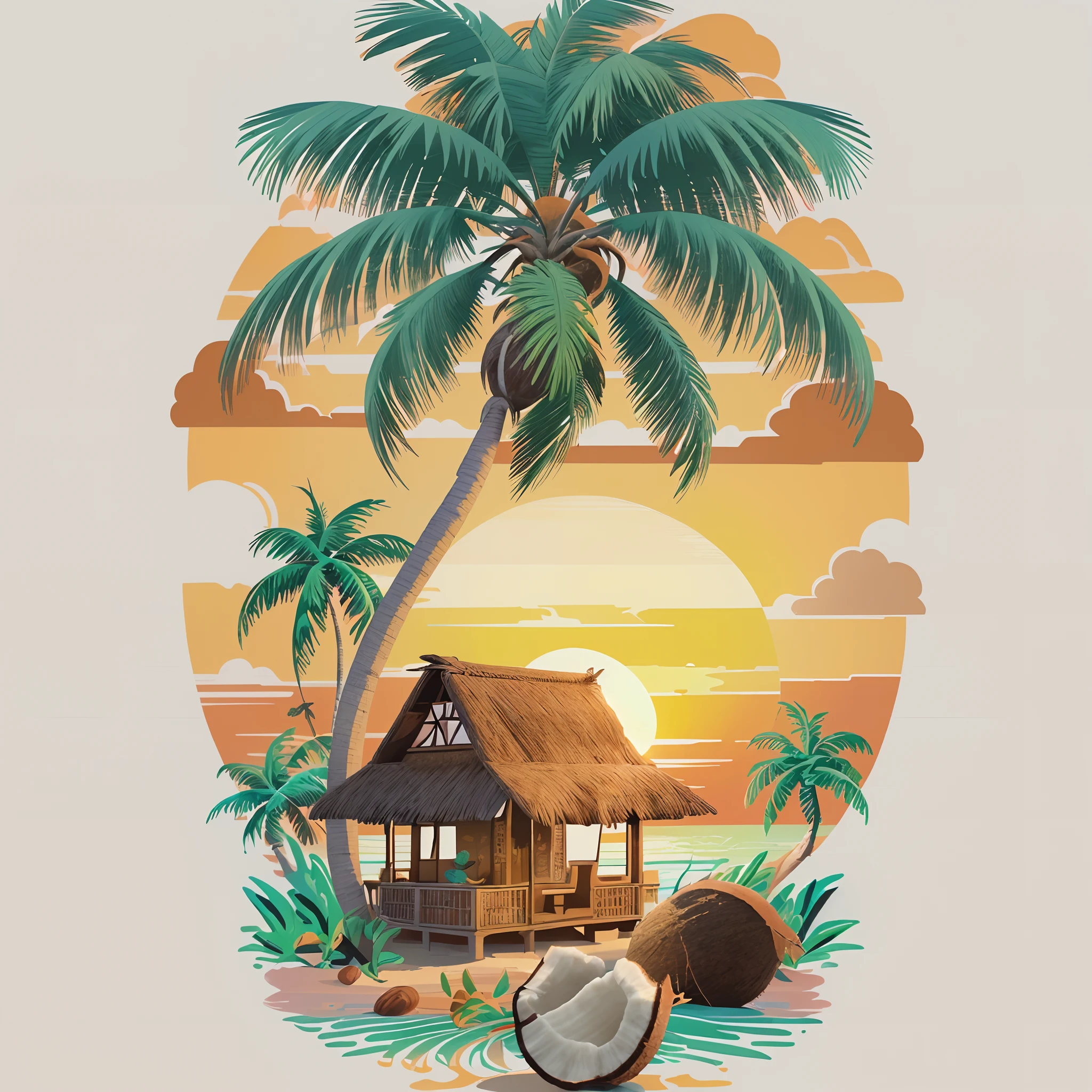 Arts work for a T- shirt design, home with coconut tree, sunset, flat illustration, vibrant victor, vector image, vintage drawing, white background, 8k