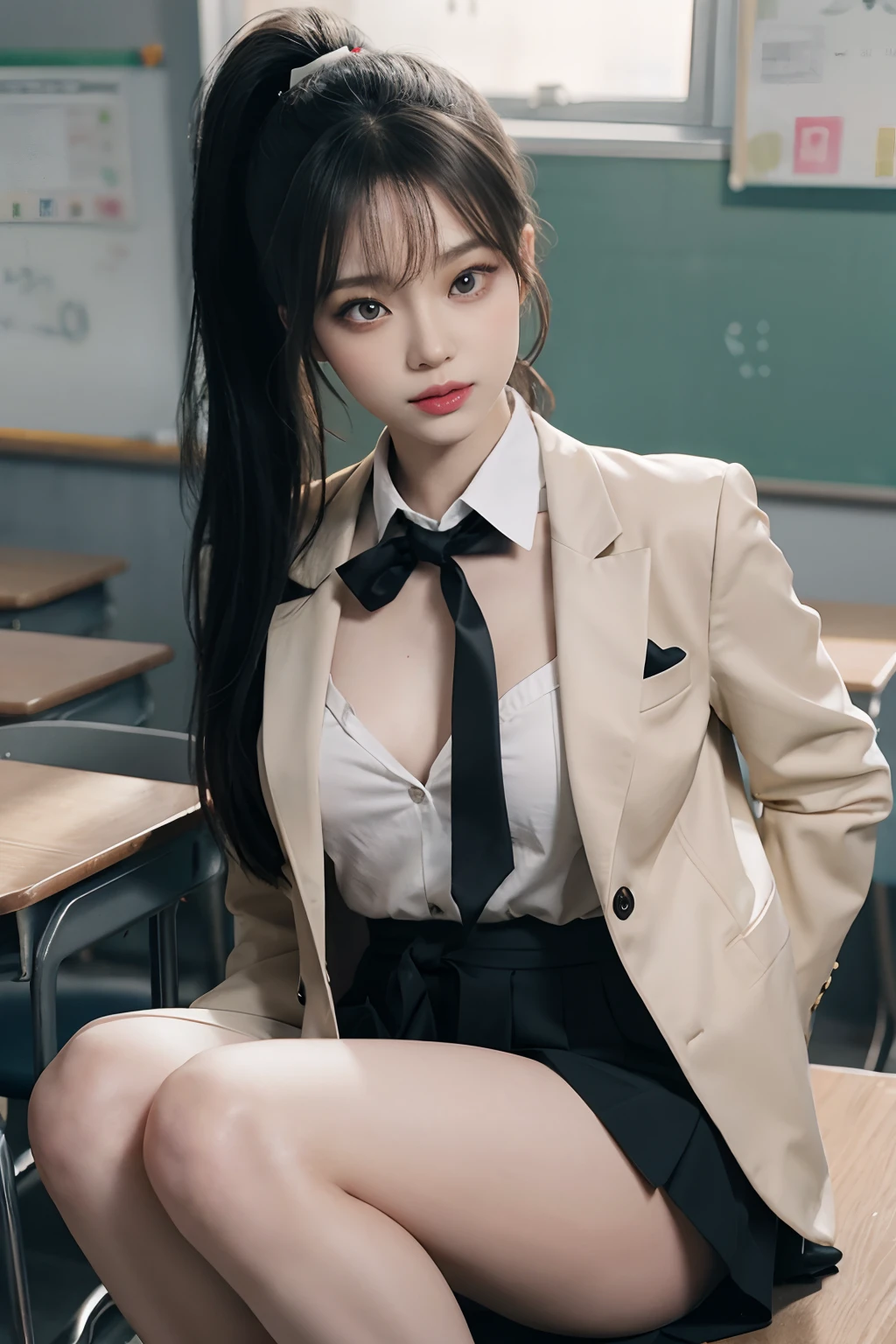 8K RAW photos,A high resolution,21 years old Japan,Large round chest,校服,tiese,Tie ribbon,blazer jacket,Superskirt,beautiful eyes in detail,long eyelasher,beautiful double eyelid,eye shadows,Slit-eye,Sanpaku eyes,Dark eye makeup,evilsmile,beautiful thin legs,High ponytail,耳Nipple Ring,School Classroom