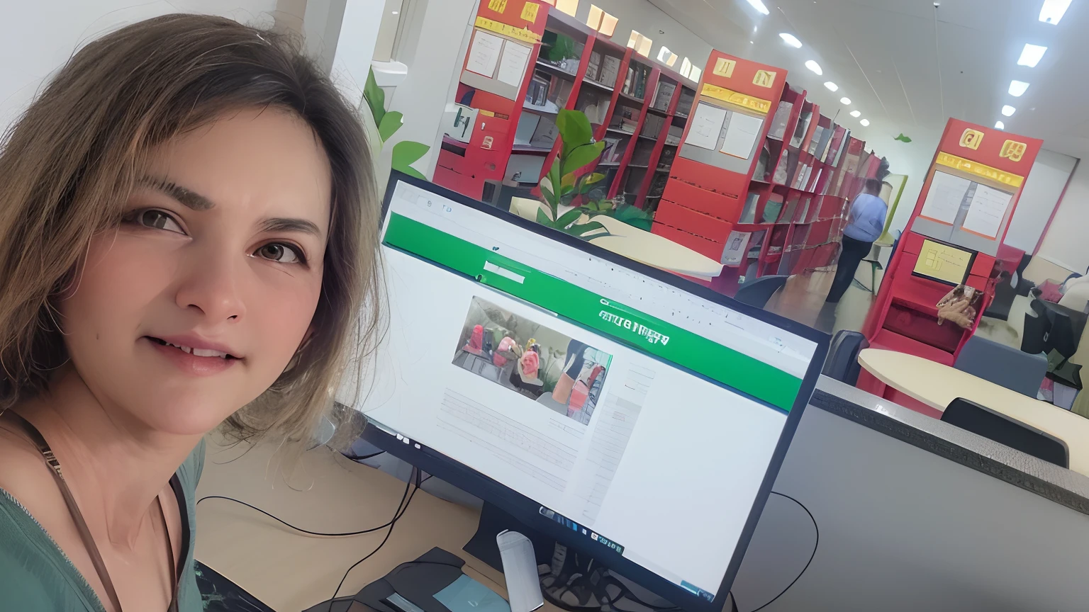 mulher sentada em uma mesa com um computador e um monitor, na frente de um computador, Captura de tela ampla, Postagem no Reddit, avatar para o site, me, perfil frontal!!!!, at office, front facing the camera, Estefania Villegas Burgos, captura de tela de alta qualidade, sentado em frente ao computador, in office, captura de tela digital, In the background