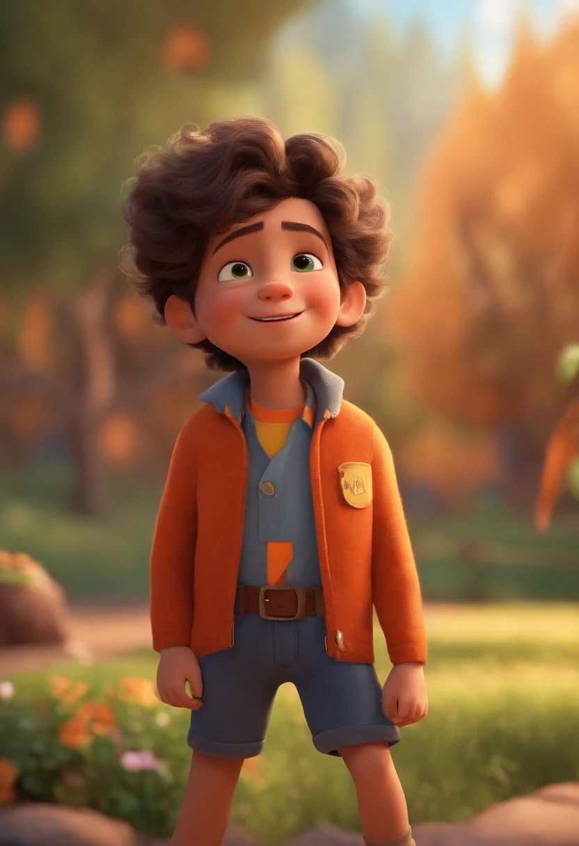 Image of a boy for a story in a YouTube video in Pixar format, He's the little allabester, He's the class leader, He's outgoing, Playful and gets up for a lot of things, cabelo curto
