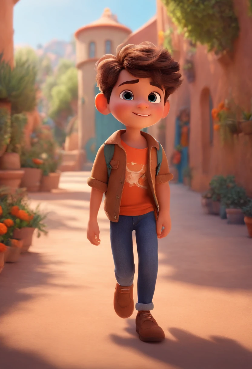 Image of a boy for a story in a YouTube video in Pixar format, He's the little allabester, He's the class leader, He's outgoing, Playful and gets up for a lot of things, cabelo curto