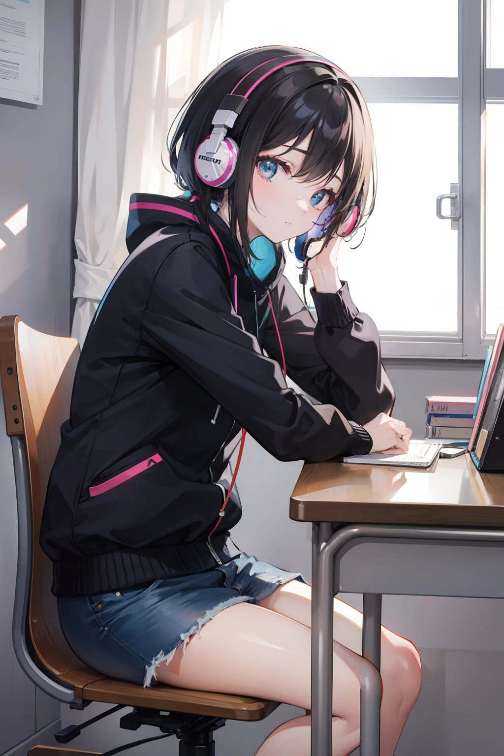 A woman sits at a desk with headphones on