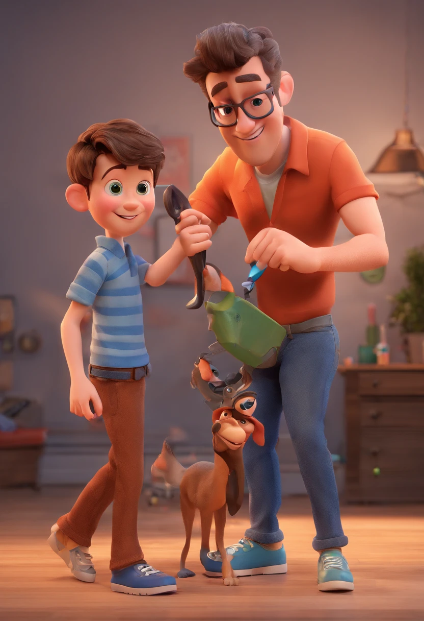 Estilo Pixar: The grown man is holding a naked blue-eyed boy and in his other hand he is holding a pair of scissors and is trying to cut off the boy's testicles,3D Poster,Disney