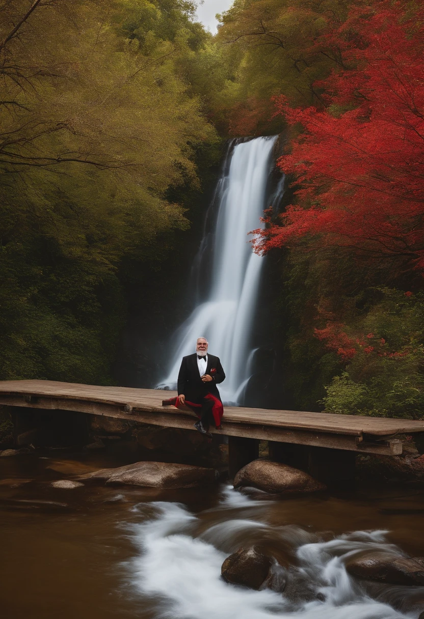 Criar personagem de um homem de cabelos escuros pretos, olhos grandes castanhos, pesa 130 kg e altura 1,74 m, barba rala, de cor parda. In the image he is on top of a bridge that passes over a river of red waters. In the background there is a hill with many green trees.