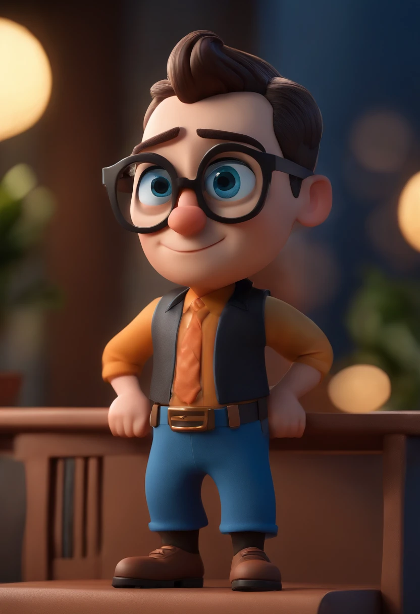 Cartoon character of a man wearing black glasses and a blue shirt, um personagem animado, Caractere estilizado, animation style rendering, 3D estilizado, Arnold Maya render, 3 d render stylized, toon render keyshot, Personagem 3D, Personagem 3D, 3d rendering stylized, 3 d character render, personagem de desenho animado, Personagem de close up, Pose de personagem, (Estilo Pixar) (master part:1.2) (Bokeh) (best quality) (pele detalhada) (textura detalhada) (8k) (argila) (Cinematic lighting) (foco nítido,Senta e vaza a parte superior do corpo