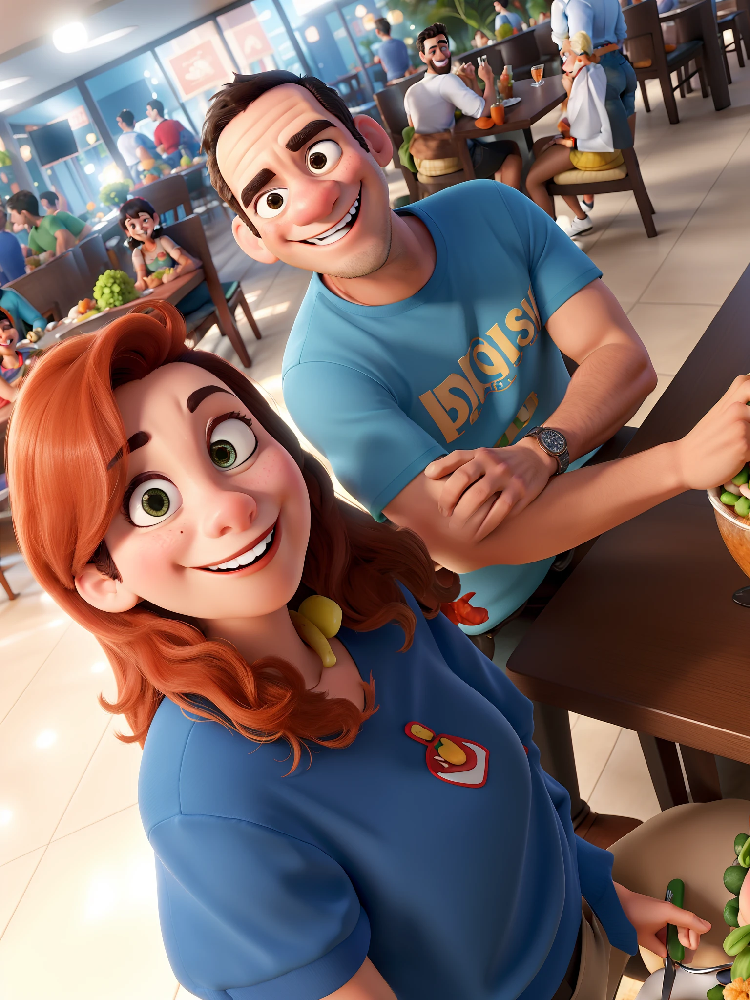 Casal sorrindo em um restaurante no estilo pixar em alta qualidade