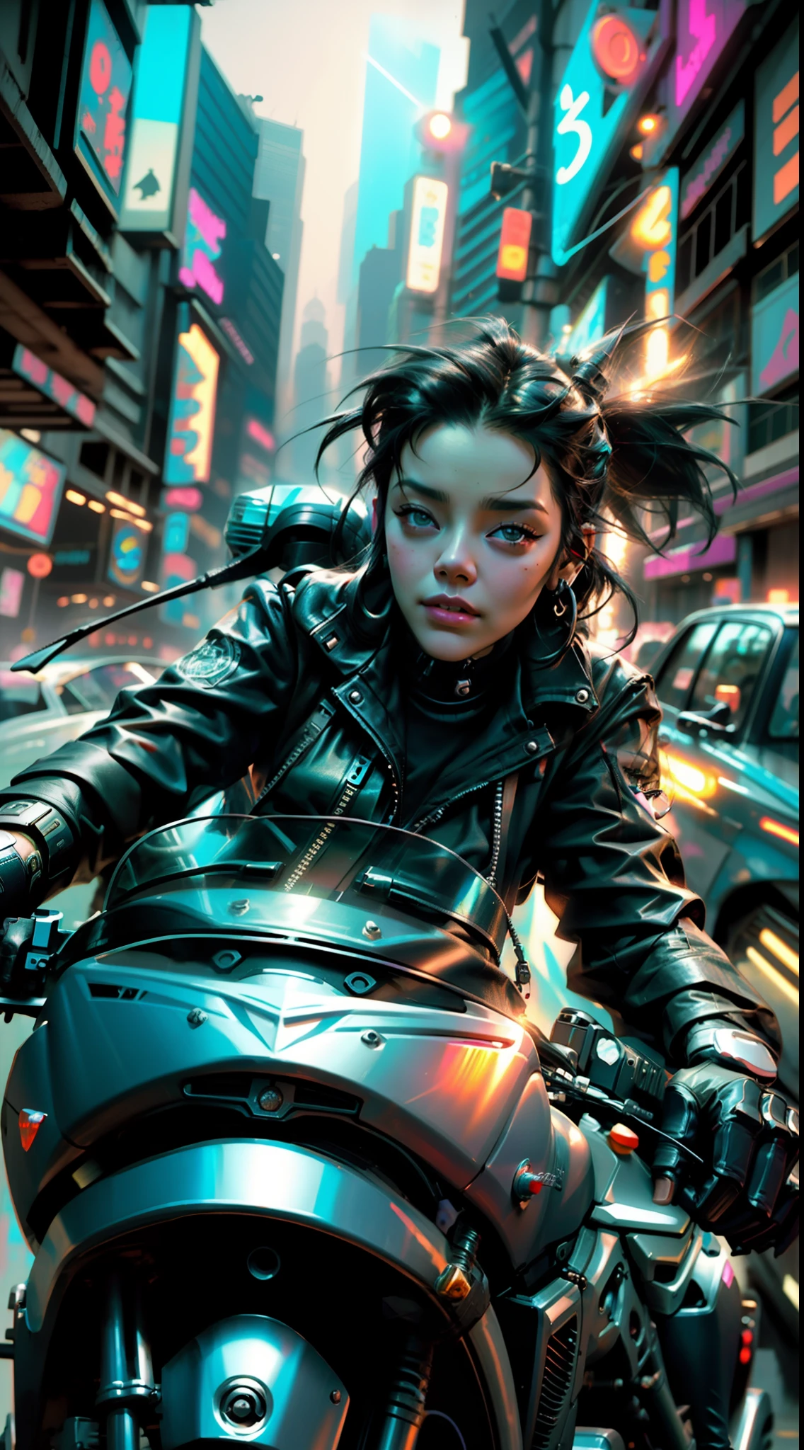 Imagem de uma mulher pilotando uma motocicleta em uma cidade, estilo cyberpunk hiper-realista, Judy Alvarez cyberpunk, estilo cyberpunk , hiper-realista, sentado em moto cyberpunk, Wojtek FUS, estilo de arte cyberpunk, cyberpunk vibes, arte cyberpunk ultrarrealista 8k, Ross Tran 8 K, Foto cyberpunk, pintura digital cyberpunk, Argila Cyberpunk, Jackie Welles Cyberpunk