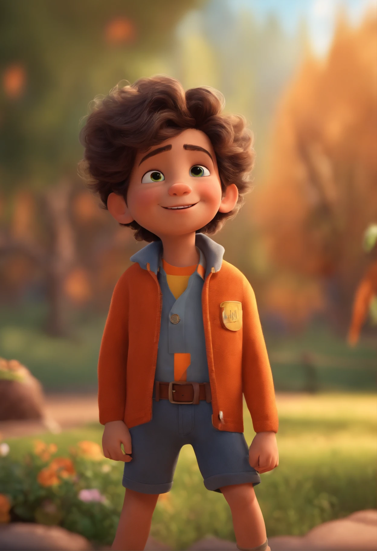 Image of a boy for a story in a YouTube video in Pixar format, He's the  allabester, He's the class leader, He's outgoing, Playful and gets up for a lot of things, cabelo curto