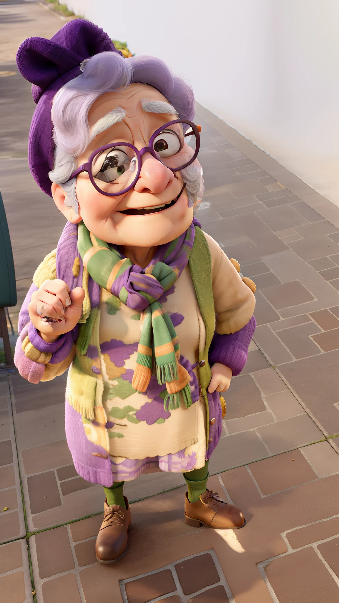 masterpiece, best quality, an old woman with glasses and a scarf on, wearing a purple coat and green scarf, standing at the park