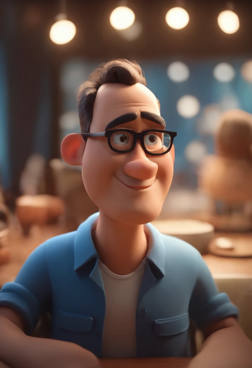 Cartoon character of a man wearing black glasses and a blue shirt, um personagem animado, Caractere estilizado, animation style rendering, 3D estilizado, Arnold Maya render, 3 d render stylized, toon render keyshot, Personagem 3D, Personagem 3D, 3d rendering stylized, 3 d character render, personagem de desenho animado, Personagem de close up, Pose de personagem, (Estilo Pixar) (master part:1.2) (Bokeh) (best quality) (pele detalhada) (textura detalhada) (8k) (argila) (Cinematic lighting) (foco nítido,Senta e vaza a parte superior do corpo