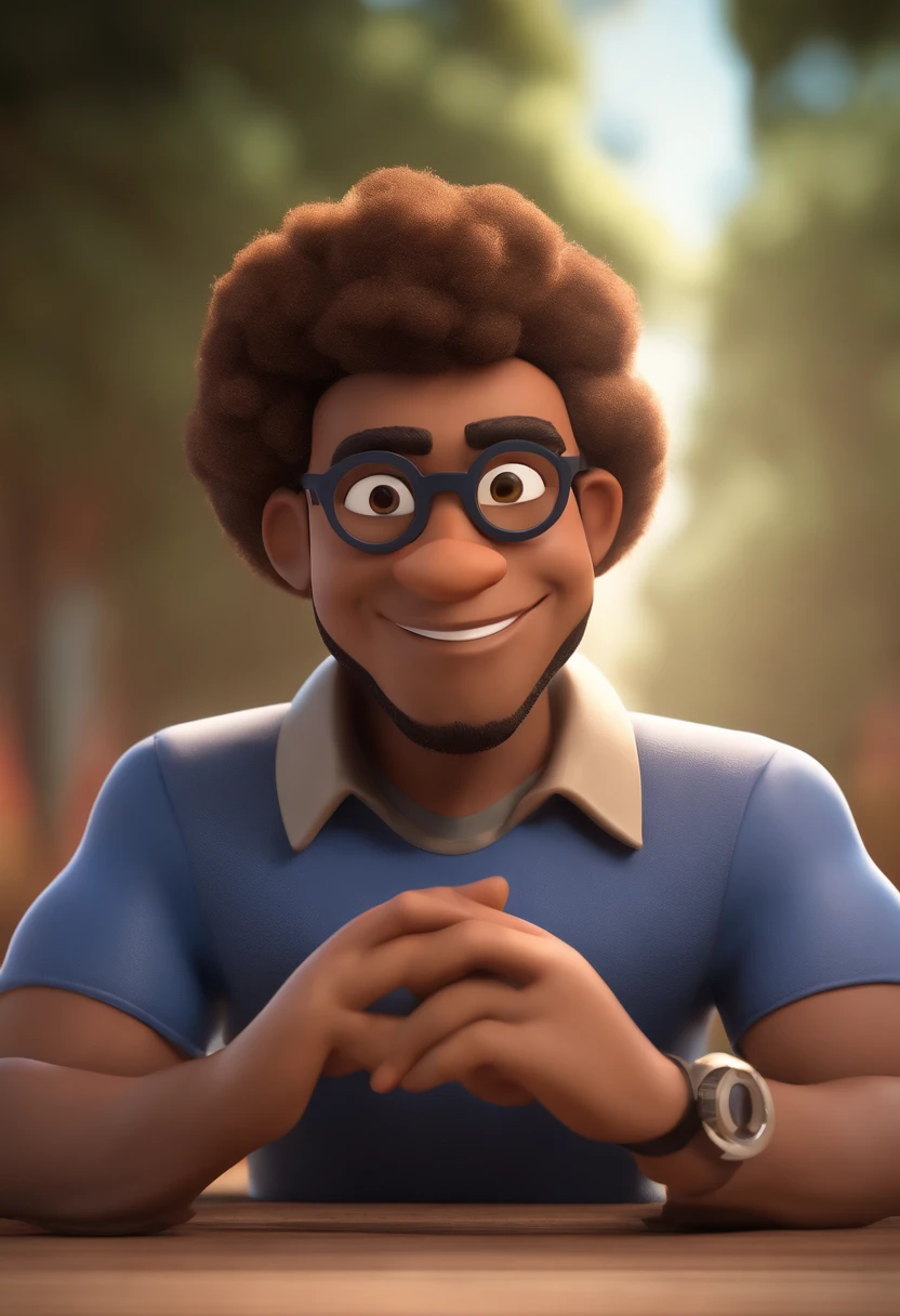 personagem dos desenhos animados de um homem negro, cabelo crespo curto, Short beard with round tortoiseshell glasses and a blue shirt, animation character, Caractere estilizado, animation style rendering, 3D estilizado, Arnold Maya render, 3 d render stylized, toon render keyshot, Personagem 3D, Personagem 3D, 3d rendering stylized, 3 d character render, personagem de desenho animado, Personagem de close up, Pose de personagem,  (Estilo Pixar) (master part:1.2) (Bokeh) (best quality) (pele detalhada) (textura detalhada) (8k) (argila) (Cinematic lighting) (foco nítido