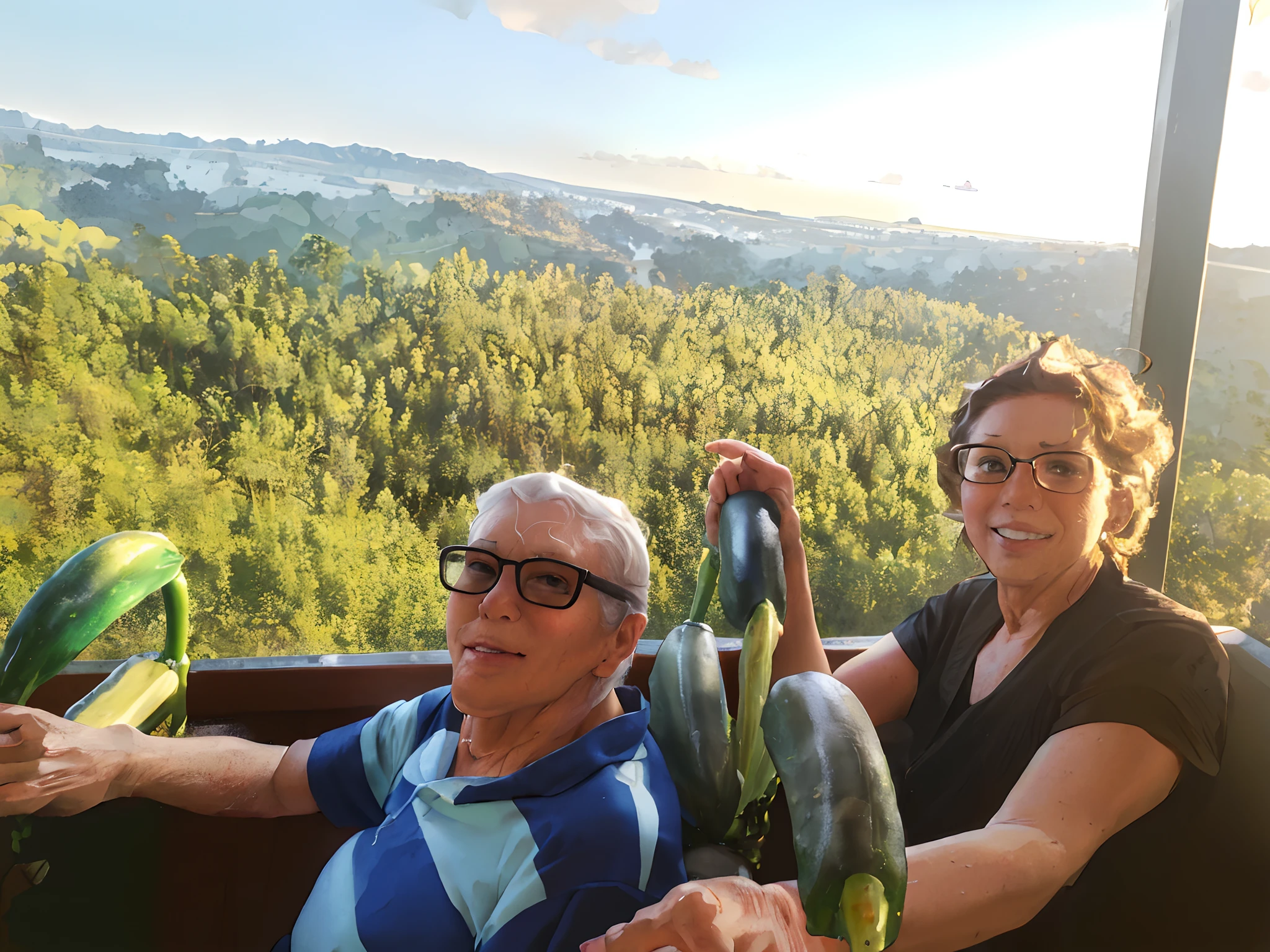 They're sitting in a gondola with cucumbers and pickles, hanging from a hot air balloon, View from above, vacation photo, Belas vistas, momma and papa, divertindo-se, About the treetops, em Avila Pinewood, Fotografia tirada em 2 0 2 0, Directed by: Aleksander Kotsis, Foto de cima, Pinhais, ao entardecer!