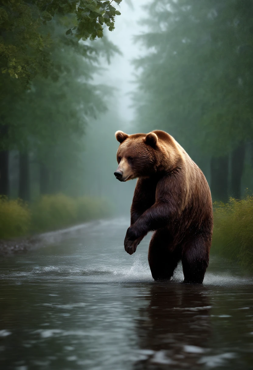 (Professional 3D Rendering:1.3) in the (Realistic:1.3)  Heavy rain,（Naked strong bear）