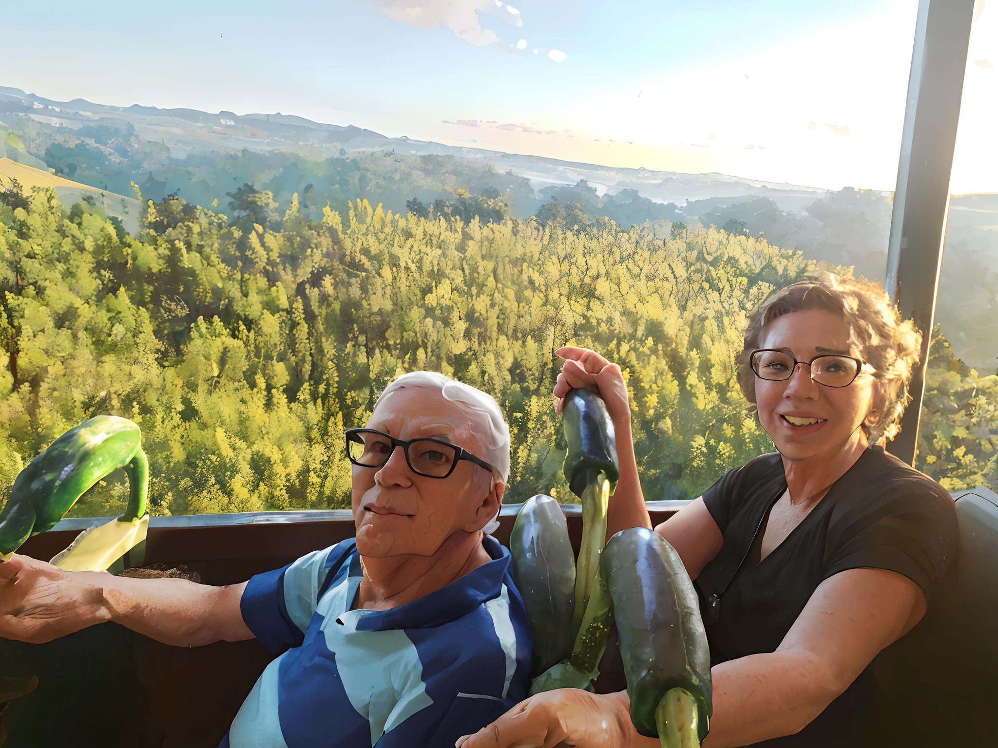 They're sitting in a gondola with cucumbers and pickles, hanging from a hot air balloon, View from above, vacation photo, Belas vistas, momma and papa, divertindo-se, About the treetops, em Avila Pinewood, Fotografia tirada em 2 0 2 0, Directed by: Aleksander Kotsis, Foto de cima, Pinhais, ao entardecer!
