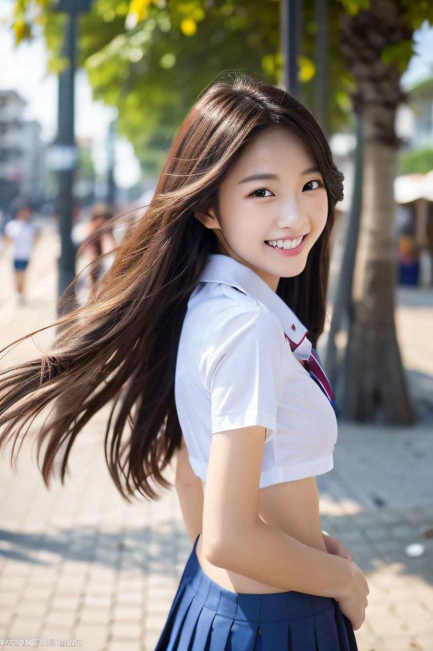 1 Girl in the beach at noon、walking in the street、Walking、Gaze to the side、A delightful、Beautie、Tremendously beautiful、dual、A slender、a smile、The long-haired, high quality image, high resolution in detail, try-x, ISO1600, super realistic photo, fine skins, fine hair, 135mm lens, bust shot, school uniform, realistic eyes, realistic teeth, bare waist, best quality,nipples slightly seen through the uniform