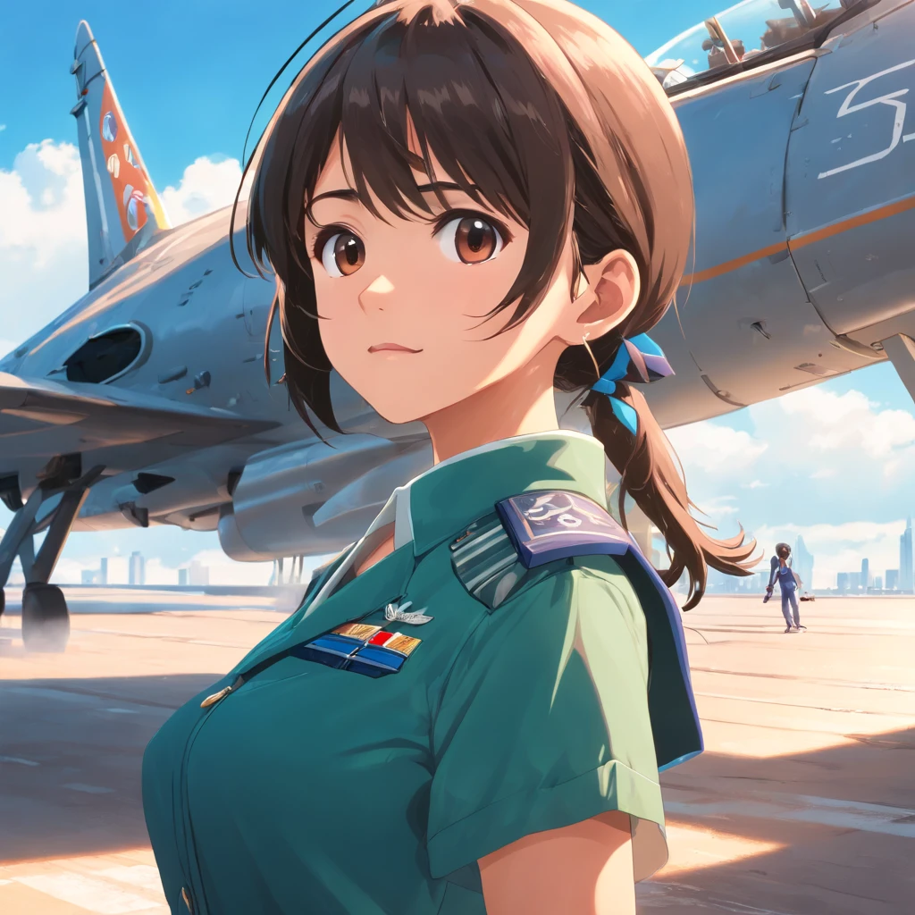 Realistic,Vestido Educado,(Fighter Plane Action and War Movie Poster),(Film Reference Foundation: 1.8),Realistic,General Uniform of the Air Force,(Realistic face resolution),Cinematic poses,adulto,magro,pequeno,Cabelo Longo Mulher Loira Escura 1 Pessoa,serious face,science fiction,scientific fiction,Diferentes personagens coadjuvantes
