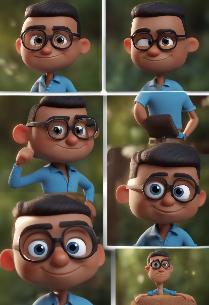 Cartoon character of a man with black glasses and a blue shirt, animation character, Caractere estilizado, animation style rendering, 3D estilizado, Arnold Maya render, 3 d render stylized, toon render keyshot, Personagem 3D, Personagem 3D, 3d rendering stylized, 3 d character render, personagem de desenho animado, Personagem de close up, Pose de personagem,  (Estilo Pixar) (master part:1.2) (Bokeh) (best quality) (pele detalhada) (textura detalhada) (8k) (argila) (Cinematic lighting) (foco nítido