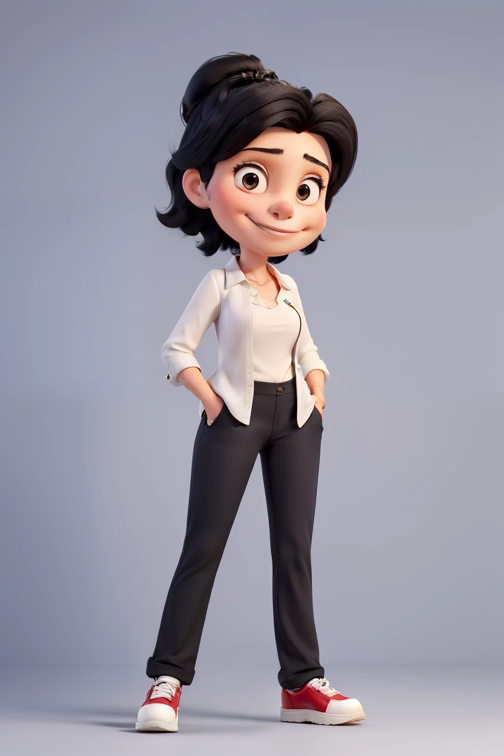 Mulher de 1,70. Linda, medium and straight black hair. Wearing a pair of ready-made pants with a white blouse with a picture of mickey. She's a businesswoman. O fundo referente a disneh