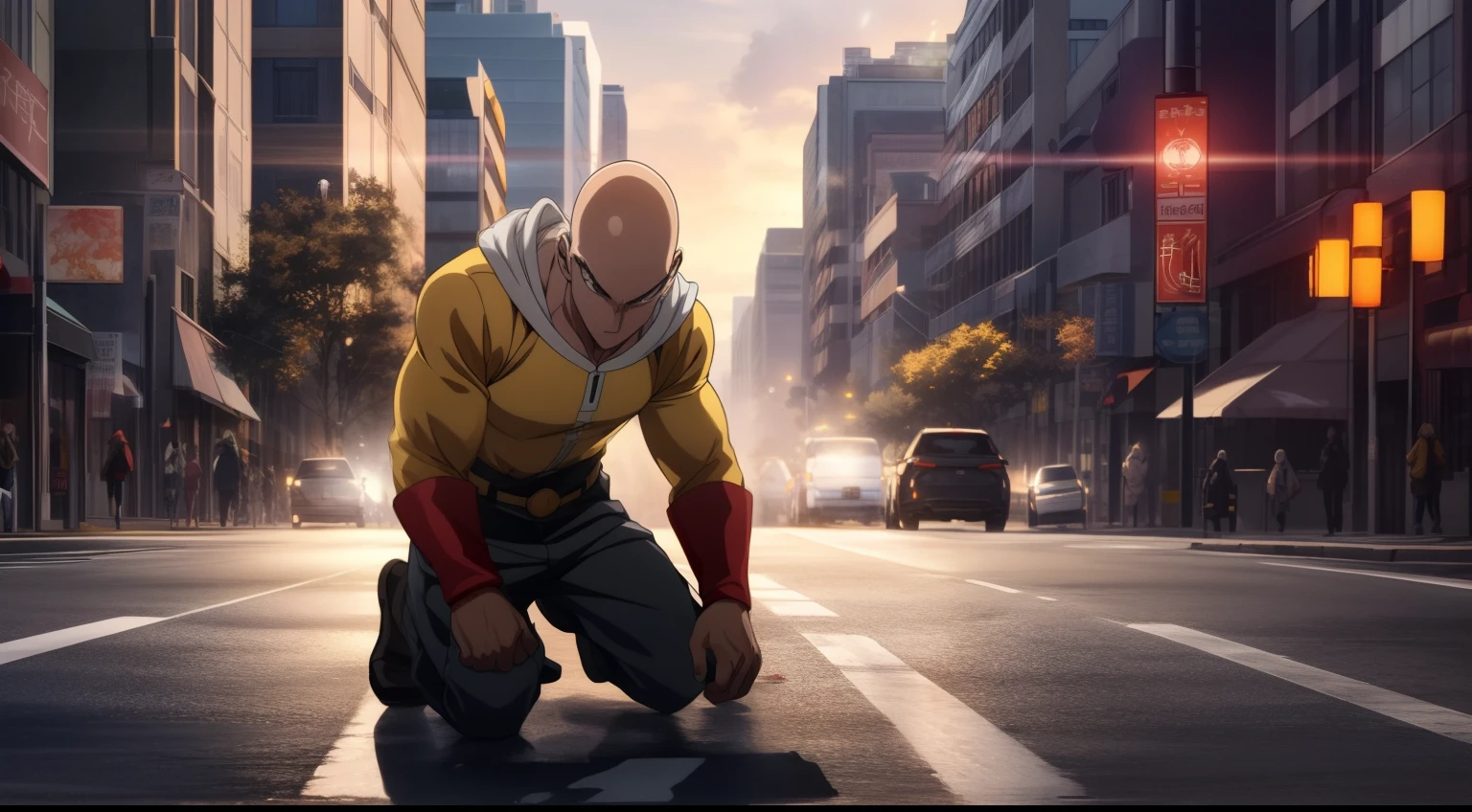 1 homem, (Saitama), Blade head, Vestindo Amarelo, olhos negros, luvas vermelhas, Botas vermelhas, poder aura, Noite, Foco masculino, strong muscles, (corpo inteiro) Godly Strength, emergia amarela ao seu redor, ((sangue escorrendo pelo rosto)), roupa rasgada, (todo machucado), personagem cansado, (homem de lado), (((Kneeling on the city street at night with his hands on the ground))), lua cheia, despair, sparkling eyes, glowing eyes, eye reflection, high detail, anime, Minimalism, anime style, cinematic lighting, sparkle, jpeg artifacts, glowing light, god rays, ray tracing, reflection light, drop shadow, image fill, panorama, Sony FE, UHD, masterpiece, ccurate, anatomically correct, textured skin, super detail, high quality, best quality, HD, 16k