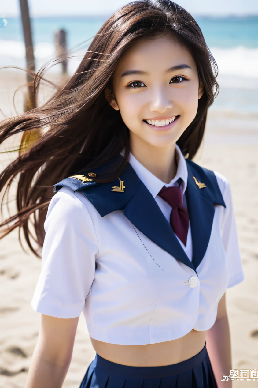 Sitting, Skirt lift, (intricate panties:1.5), (8K, Raw photo, Best Quality, masutepiece:1.2), (Realistic, Photorealsitic:1.4), (Very detailed 8k wallpaper), Smile, Round face, in beach, School uniform, Blazer, School, Dark blue skirt, Short skirt, (Smaller chest:1.2), (NSFW1.2)