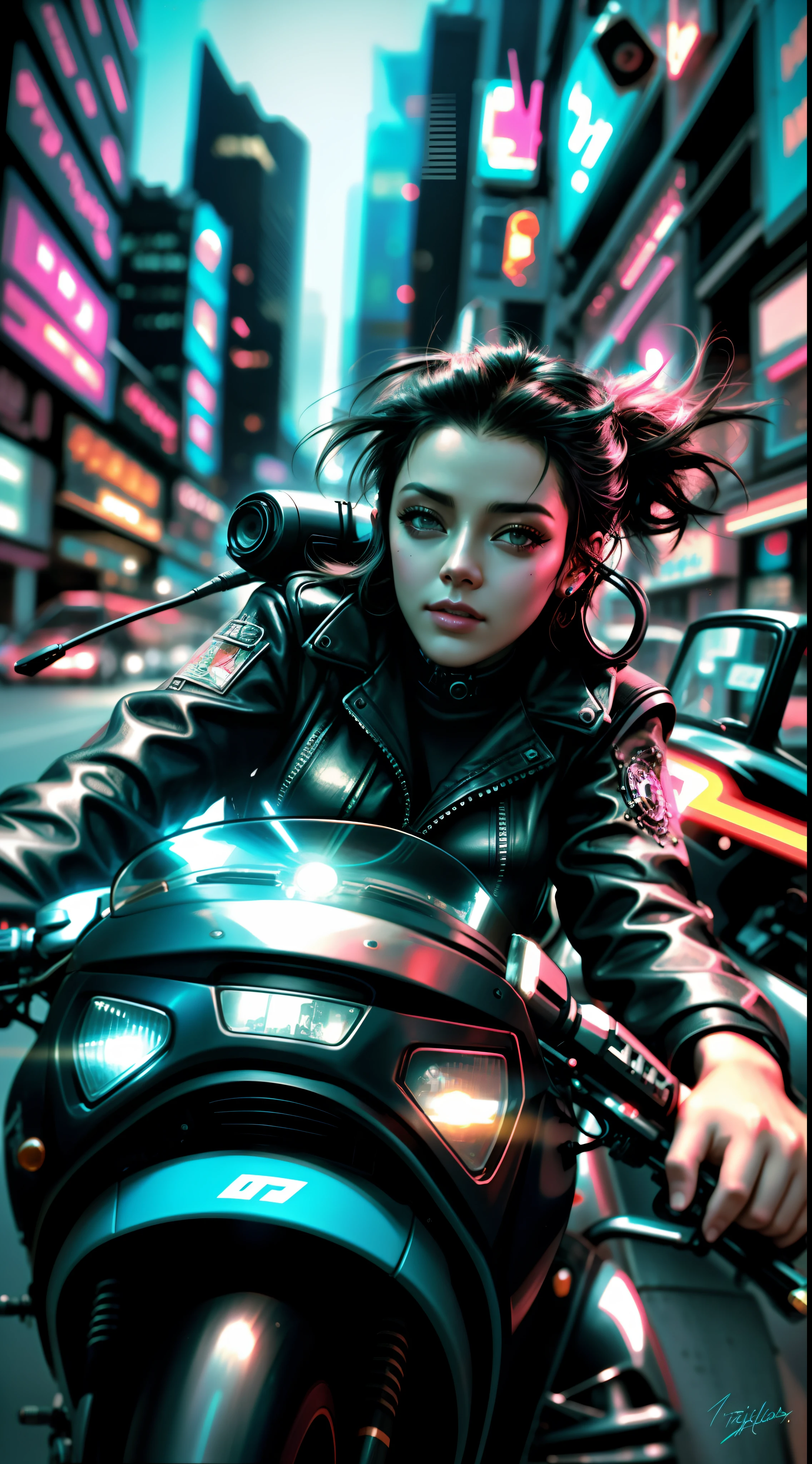 Imagem de uma mulher pilotando uma motocicleta em uma cidade, estilo cyberpunk hiper-realista, Judy Alvarez cyberpunk, estilo cyberpunk , hiper-realista, sentado em moto cyberpunk, Wojtek FUS, estilo de arte cyberpunk, cyberpunk vibes, arte cyberpunk ultrarrealista 8k, Ross Tran 8 K, Foto cyberpunk, pintura digital cyberpunk, Argila Cyberpunk, Jackie Welles Cyberpunk