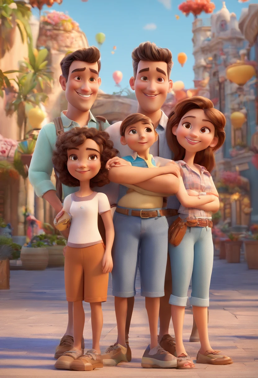 Cartoon of friends having fun on vacation together,  3D Animation Movie Poster, Poster de filme animado, pixar 3 d animation style, pixar renderman rendering, maia 8 mil, animated film, Disney Pixar Estilo 3D, amigos felizes saem juntos, all wearing light blue shirts and cream brown long pants, camisa azul clara, cream brown pants, ao ar livre, vacation, Disney Pixar Animation Poster