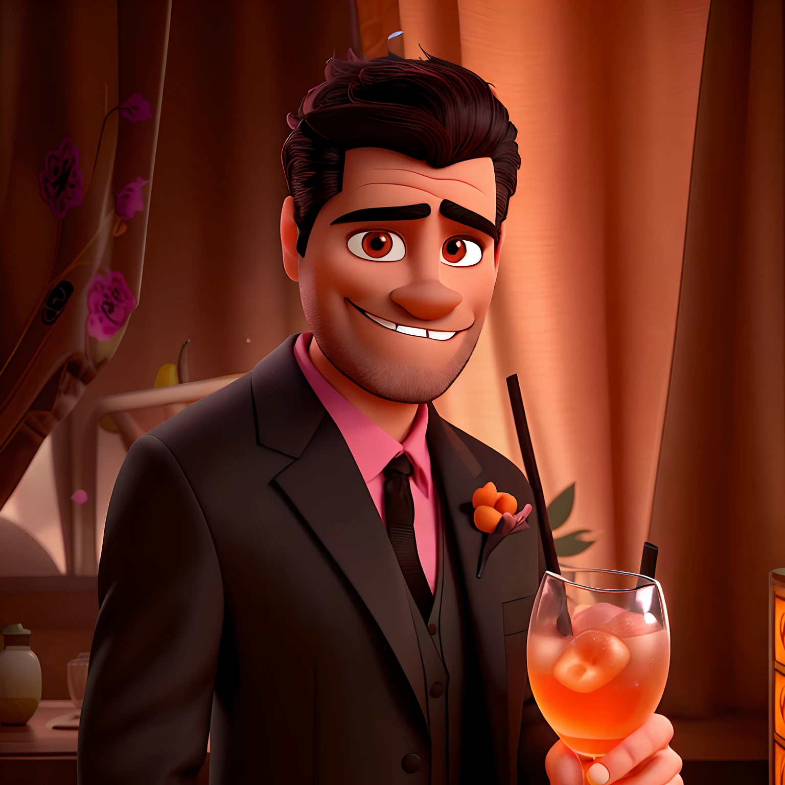 40-year-old man, brown eyes, well-combed short black hair, no beard, smiling, wearing a black formal suit, pink tie, orange curtains with arabesques in the background, round tulip with drink and ice in his left hand , turned half to the side