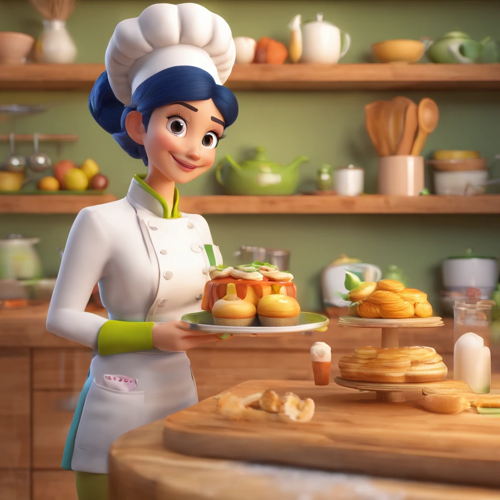 Crie uma cena de desenho animado estilo 3d -Pixar, Onde uma mulher, de cabelos enrolados castanhos com 25 anos de idade e com olhos verdes. She's cooking dressed as a pastry chef.