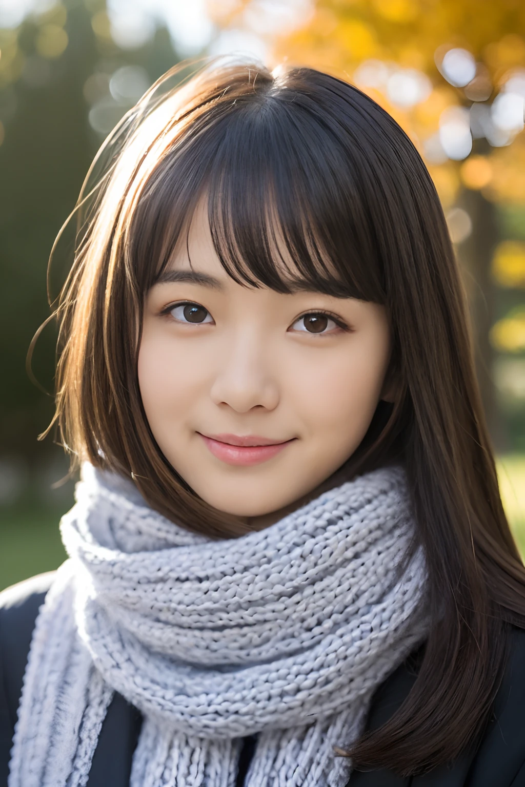 ((Show face only、Close-up of face、no-makeup、ears sticking out of the gaps in the hair,,,,,,))、(realisitic、Photorealsitic、ultra-detailliert、Highest Details Skins、top-quality、​masterpiece、超A high resolution)、Cute Japan Woman、17 age、hi-school girl、younggirl、1 girl in、I have bangs、二重まぶた、drooing eyes、Large black eyes、Japanese style face、ssmile、Charming、purity、Cute smile、double tooth、View here、Realistic skin type、muffler、fluffy hair、((Hair is inside the scarf:1.3))、The wind is blowing、Lighting from behind、autumnal、Colored leaves