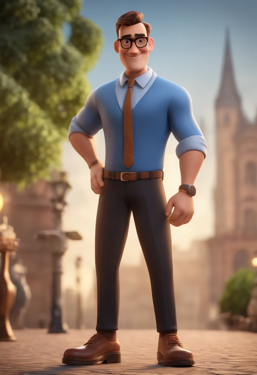 Cartoon character of a man with black glasses and a blue shirt, animation character, Caractere estilizado, animation style rendering, 3D estilizado, Arnold Maya render, 3 d render stylized, toon render keyshot, Personagem 3D, Personagem 3D, 3d rendering stylized, 3 d character render, personagem de desenho animado, Personagem de close up, Pose de personagem,  (Estilo Pixar) (master part:1.2) (Bokeh) (best quality) (pele detalhada) (textura detalhada) (8k) (argila) (Cinematic lighting) (foco nítido