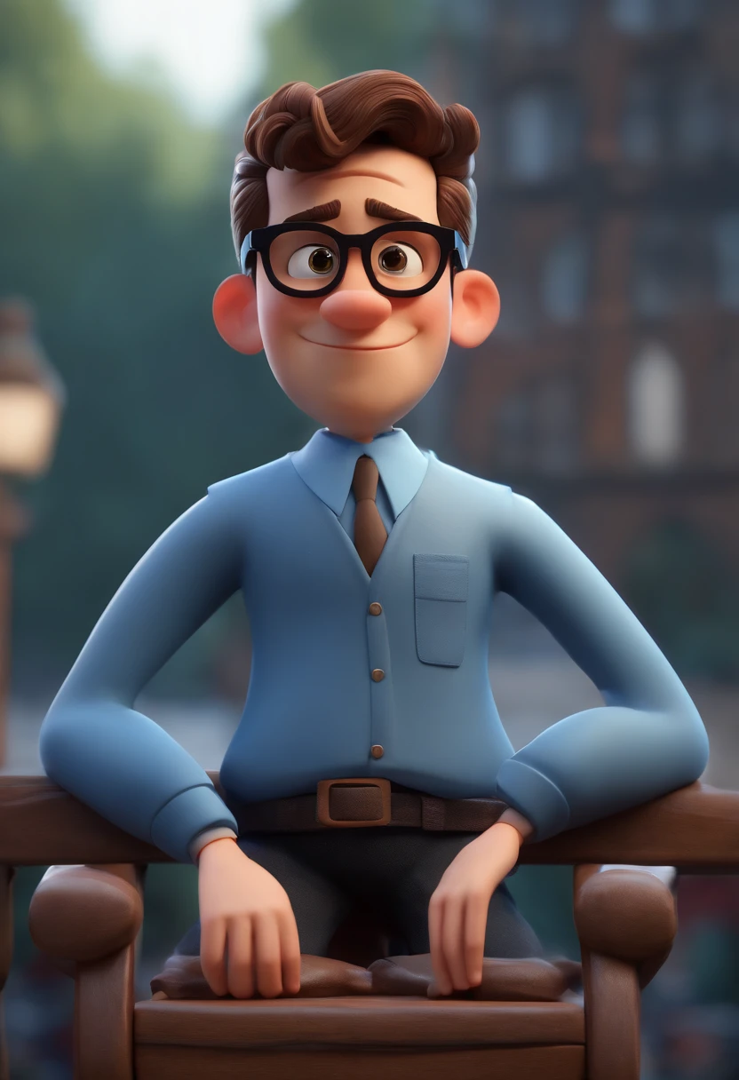 Cartoon character of a man wearing black glasses and a blue shirt, um personagem animado, Caractere estilizado, animation style rendering, 3D estilizado, Arnold Maya render, 3 d render stylized, toon render keyshot, Personagem 3D, Personagem 3D, 3d rendering stylized, 3 d character render, personagem de desenho animado, Personagem de close up, Pose de personagem, (Estilo Pixar) (master part:1.2) (Bokeh) (best quality) (pele detalhada) (textura detalhada) (8k) (argila) (Cinematic lighting) (foco nítido,Senta e vaza a parte superior do corpo