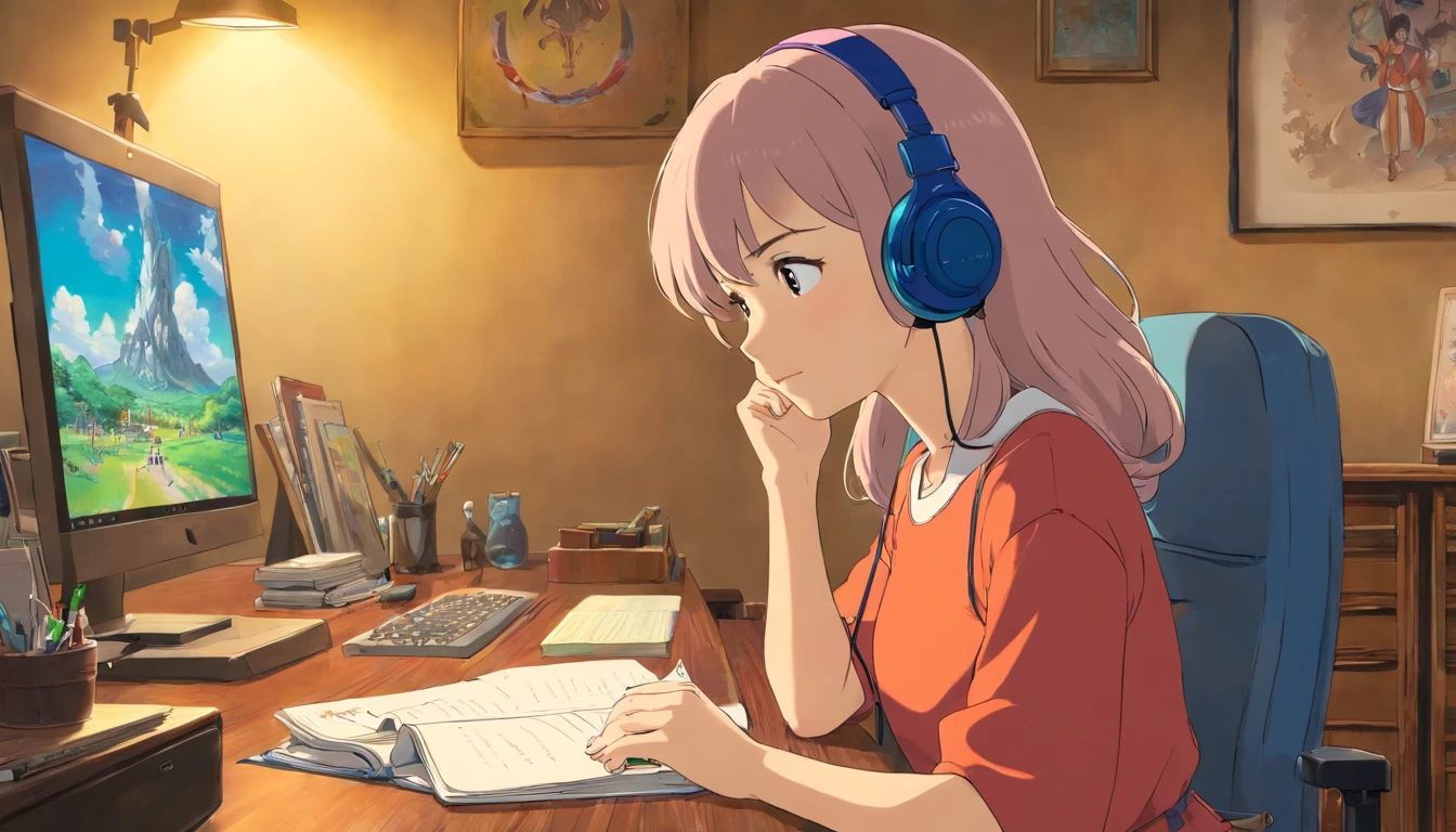 a woman sitting at a desk with headphones on