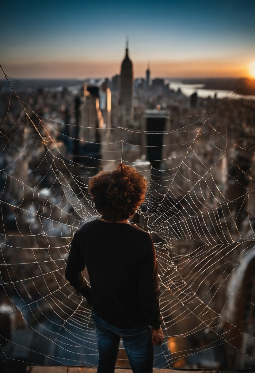 terno aranha, spider web print, teia de aranha, Homem-Aranha, master part, Absurdo, detalhes finos, HDR, ((rosto e olhos altamente detalhados)), fotorrealista,, foco nos olhos,, Standing on the roof of a skyscraper, ((no mask on)), Looking at the Viewer, sorridente, cabelos pretos, Foco no menino, cabelo grande, curly hair, Round Eyewear, Brincos, , background of New York buildings,