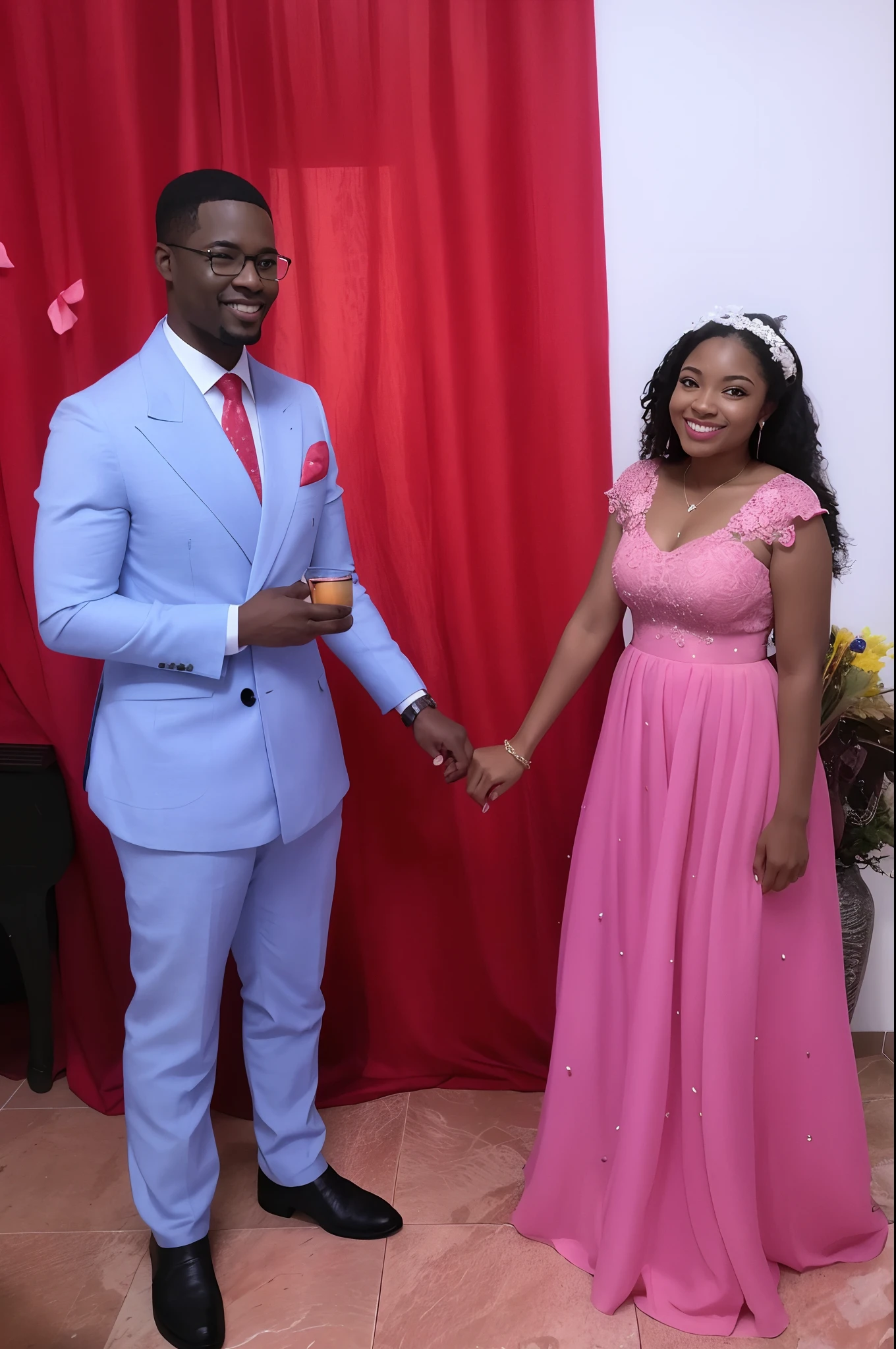 They are dressed in formal attire and holding hands, fotos de alta qualidade, wearing a pink ballroom gown, Lovely couple, vestindo trajes formais, sem barba, sorindo, negros. Foto puxada como Nikon D 7 5 0, Foto tirada com Nikon D750, por Ingrida Juniper, editing, Directed by: Chinwe Chukwuogo-Roy, um casal elegante
