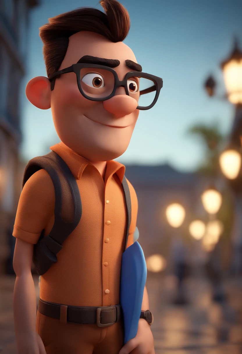 Cartoon character of a man with black glasses and a blue shirt, animation character, Caractere estilizado, animation style rendering, 3D estilizado, Arnold Maya render, 3 d render stylized, toon render keyshot, Personagem 3D, Personagem 3D, 3d rendering stylized, 3 d character render, personagem de desenho animado, Personagem de close up, Pose de personagem,  (Estilo Pixar) (master part:1.2) (Bokeh) (best quality) (pele detalhada) (textura detalhada) (8k) (argila) (Cinematic lighting) (foco nítido