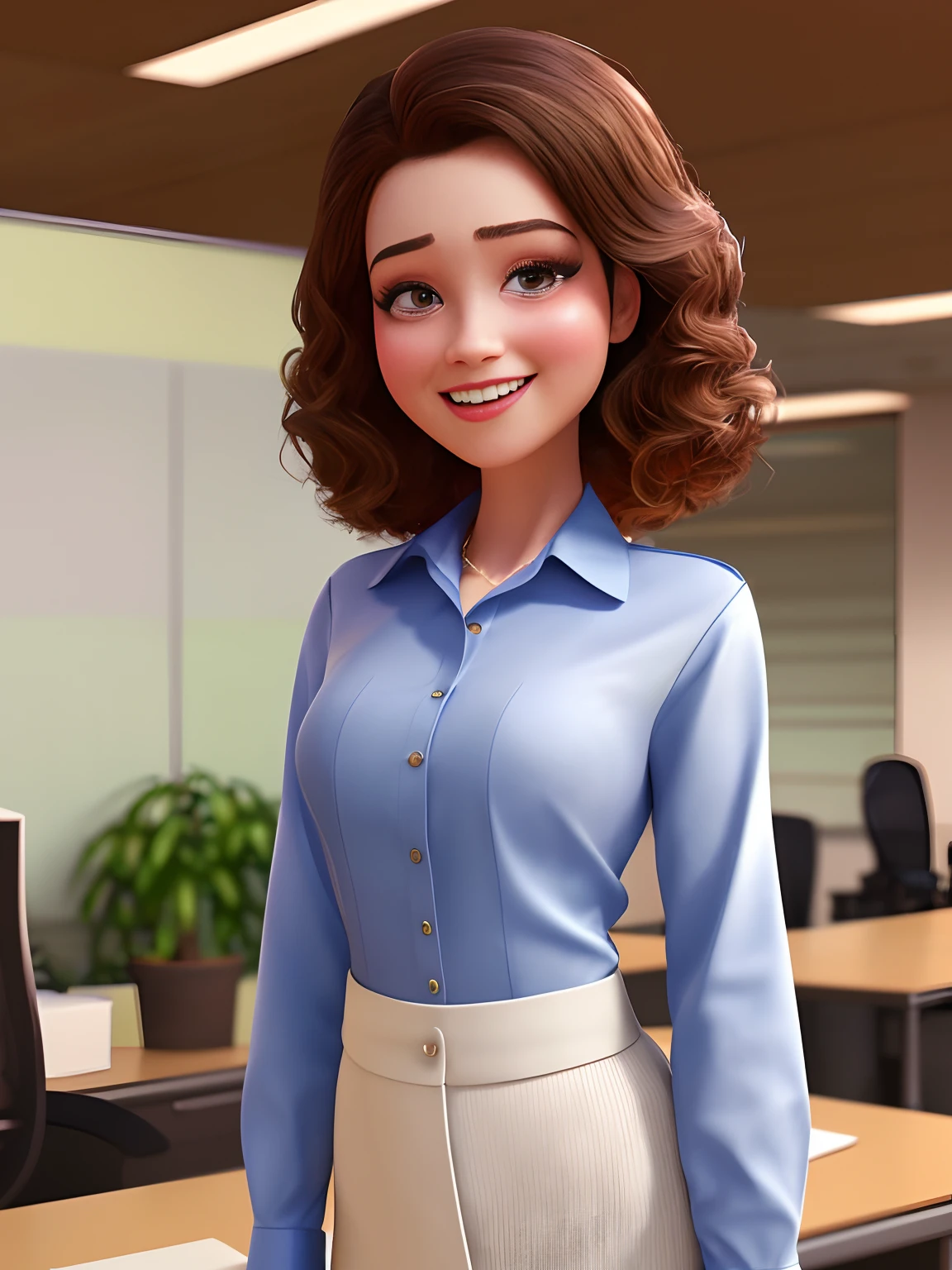 pixarstyle a waist-length portrait of a young woman in a office shirt, smile, office, natural skin texture, 4k textures, hdr, intricate, highly detailed, sharp focus, cinematic look, hyperdetailed