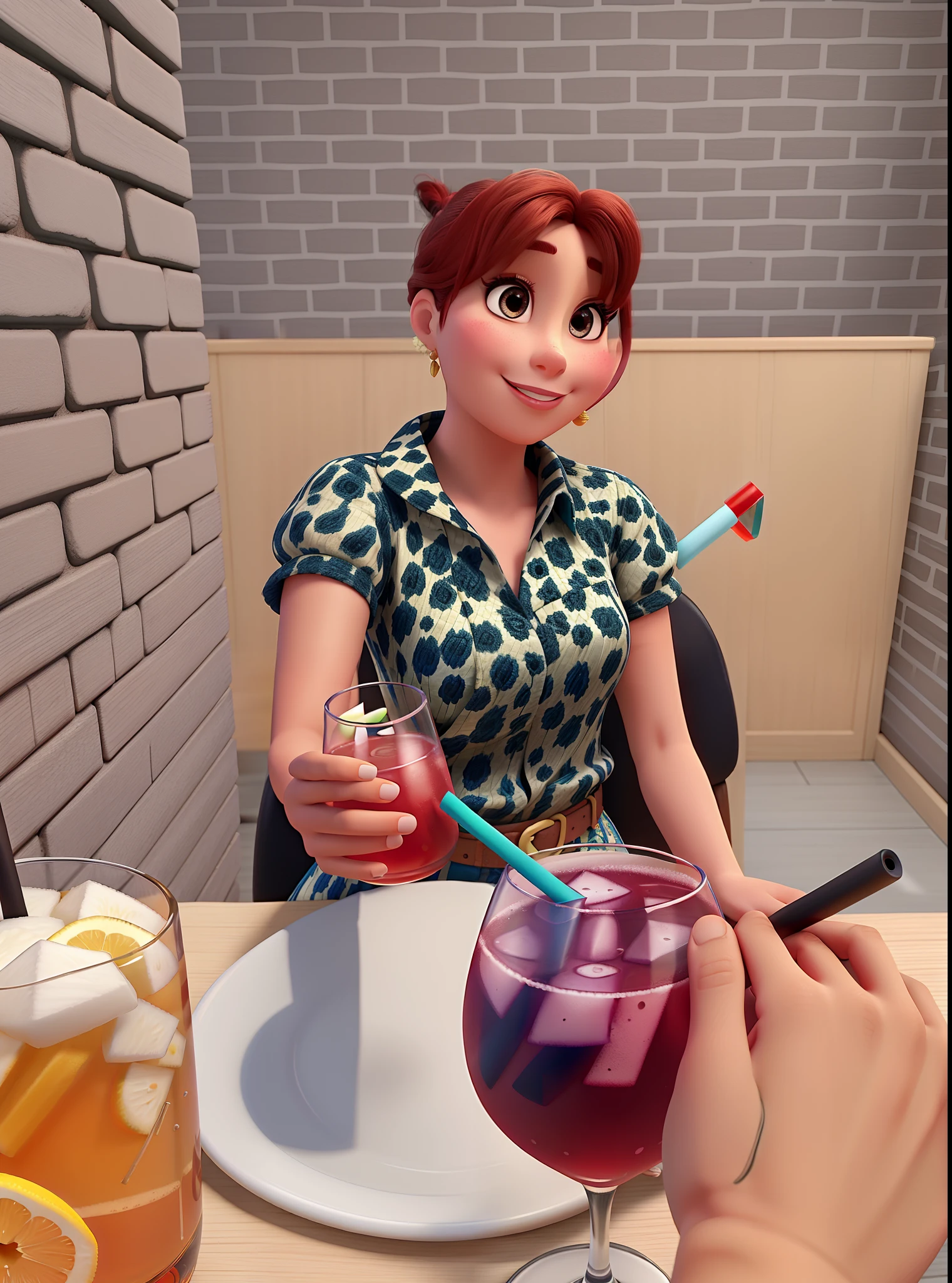 mulher branca tomando um drinks no no estilo Disney Pixar, alta qualidade, melhor qualidade.