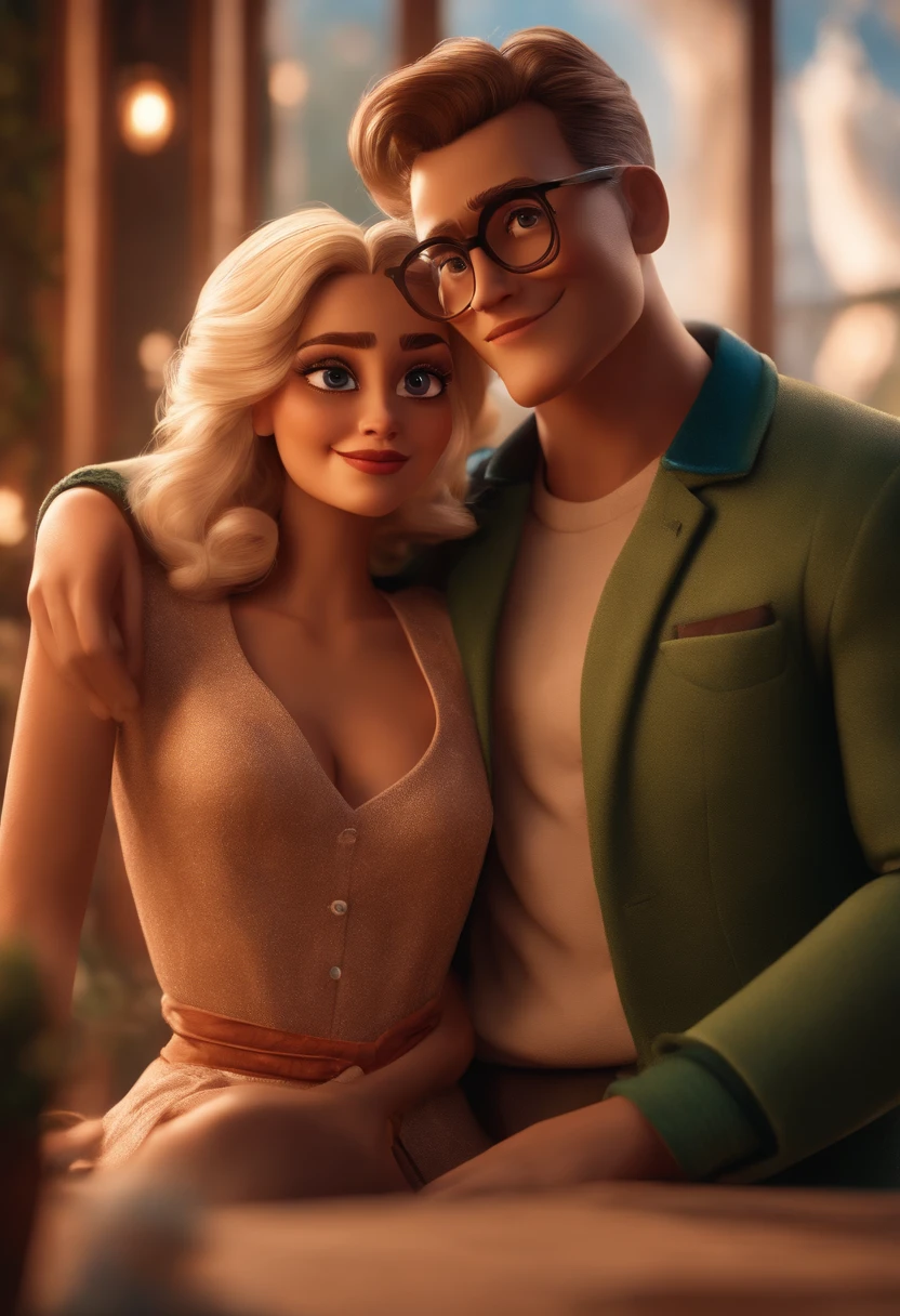 Image of a couple for a story in a YouTube video in Pixar format, Ele barbudo de bone, She blonde in round glasses