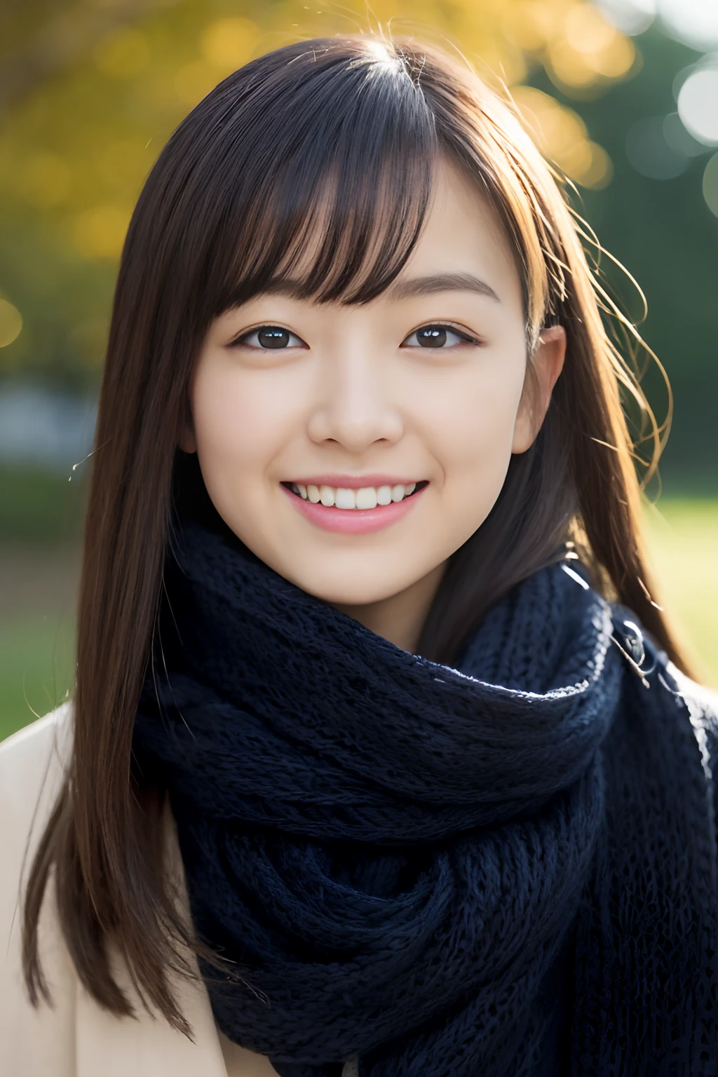 ((Show face only、Close-up of face、no-makeup、ears sticking out of the gaps in the hair,,,,,))、(realisitic、Photorealsitic、ultra-detailliert、Highest Details Skins、top-quality、masterpiece、超A high resolution)、Cute Japan Woman、17 age、hi-school girl、younggirl、1 girl in、I have bangs、二重まぶた、drooing eyes、Large black eyes、Japanese style face、ssmile、Charming、purity、Cute smile、double tooth、View here、Realistic skin type、muffler、fluffy hair、((Hair is inside the scarf:1.3))、The wind is blowing、Lighting from behind、autumnal、Colored leaves