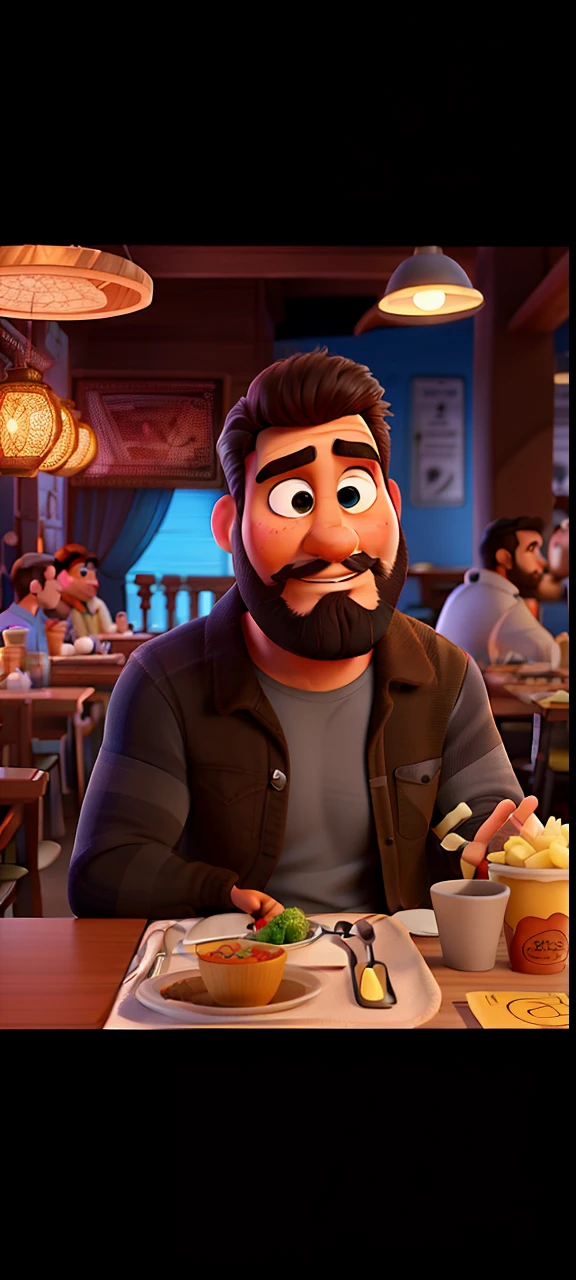 Poster no estilo Disney pixar, alta qualidade, melhor qualidade, homem sexy pardo, 35 anos cabelo preto barba preta, musculoso, com fundo em um restaurante a luz de velas