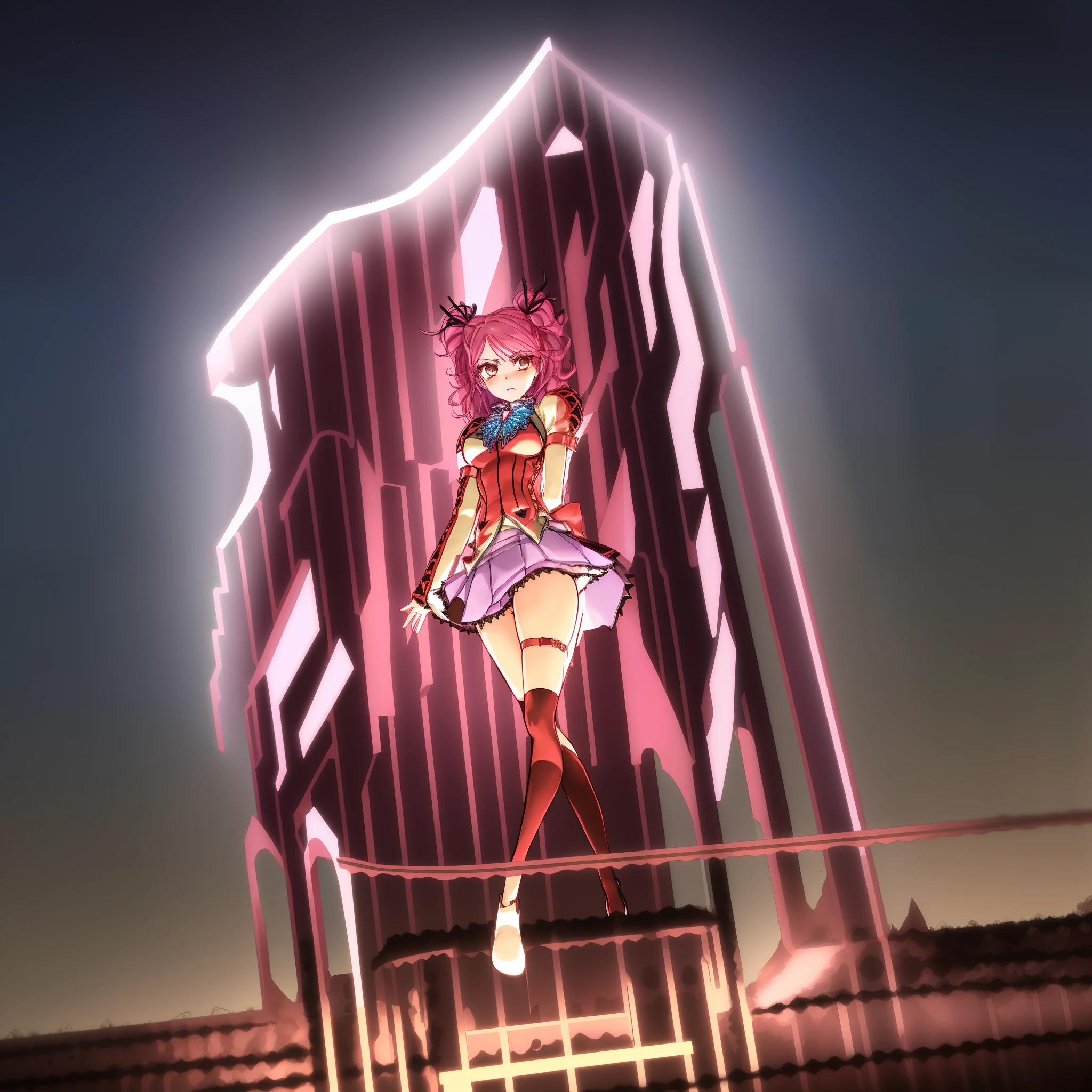 masterpiece, best quality, cheria barnes, 1girl, solo, butterfly brooch, ribbon, bow, skirt, back bow, shirt, long sleeves, thighhighs, plunging from sky, angry, nice thighs, (full body:1.5), (from behind:1.5), (from below:1.5), (ass:0.7), (Perfect panties),