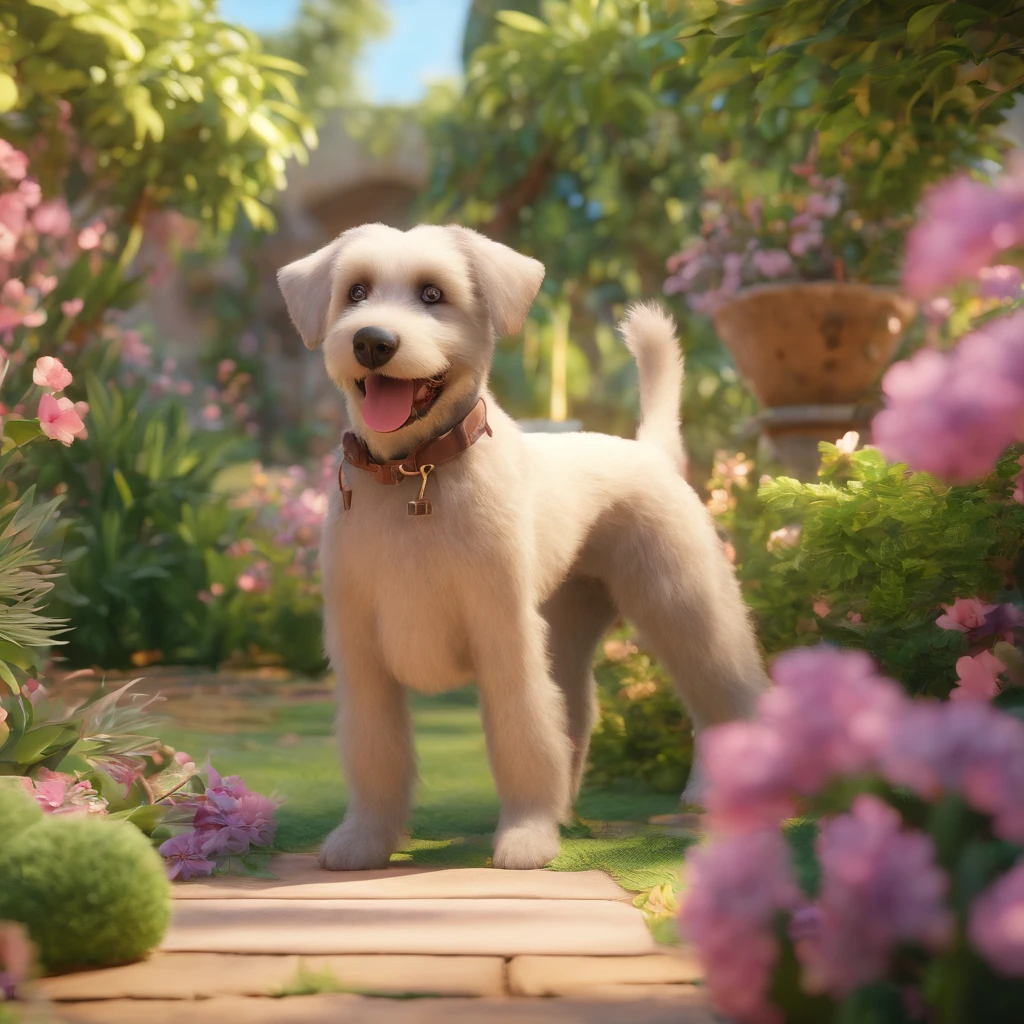 best quality, ultra-detailed, realistic:1.37, 4k, HDR, highres, masterpiece:1.2, detailed eyes and face, long eyelashes, smily face, -yeld bobeautiful detailed lips, Bolt the schnauzer dog, garden scene, comfortable atmosphere, lush greenery, vibrant flowers, gentle sunlight, happy and relaxed vibe, warm and inviting, joyful companionship