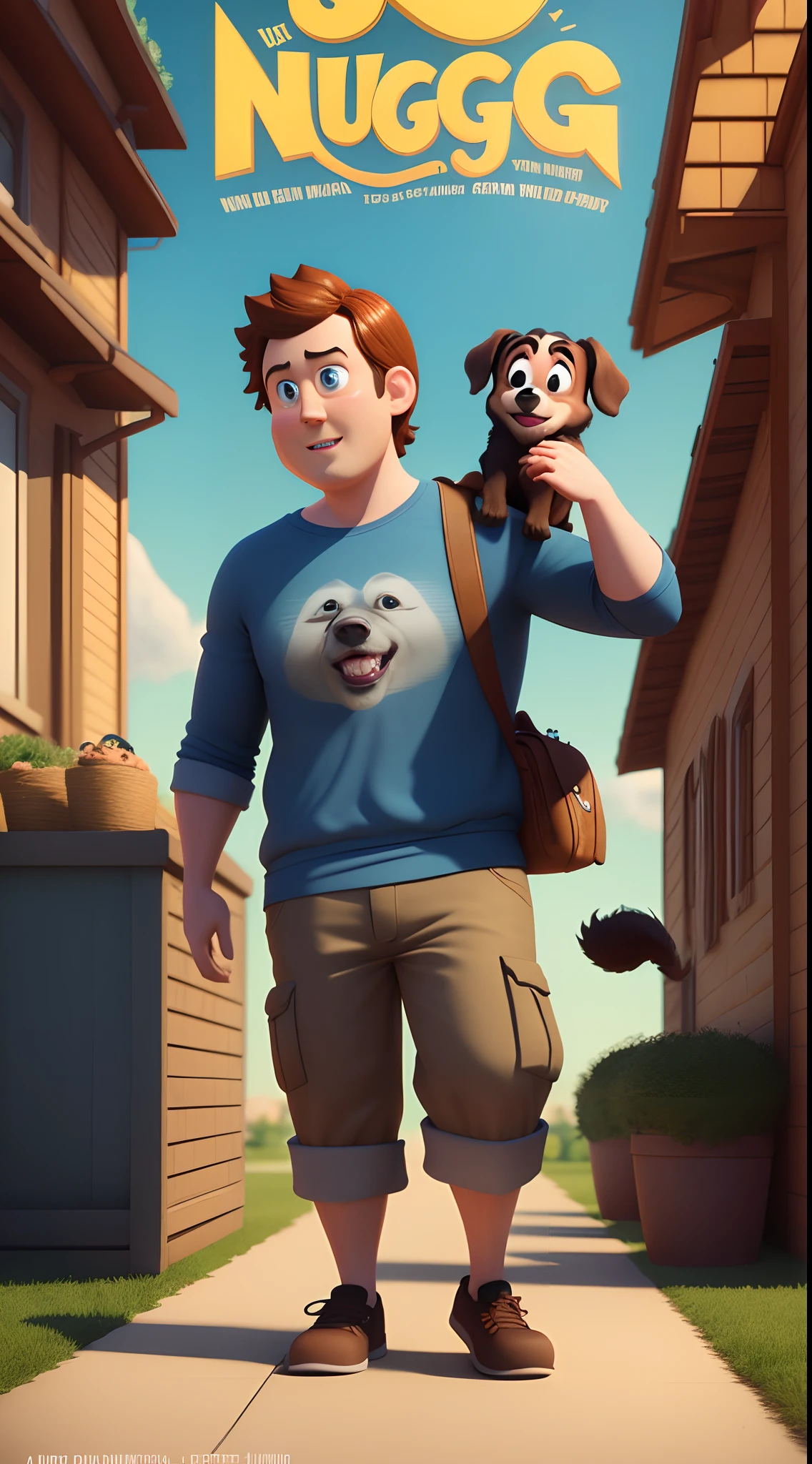 A 3d Pixar Disney style movie poster with the text "Nug" whit a man holding a dog