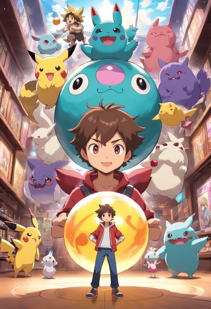 heitor, 1 menino, Foco masculino, cabelos e barbas castanhos, Brown eyes holding a poké ball. Mimikyu, Hoopa and Gengar stand on his shoulders, in a Pokémon gym, rosto detalhado, sorrindo.